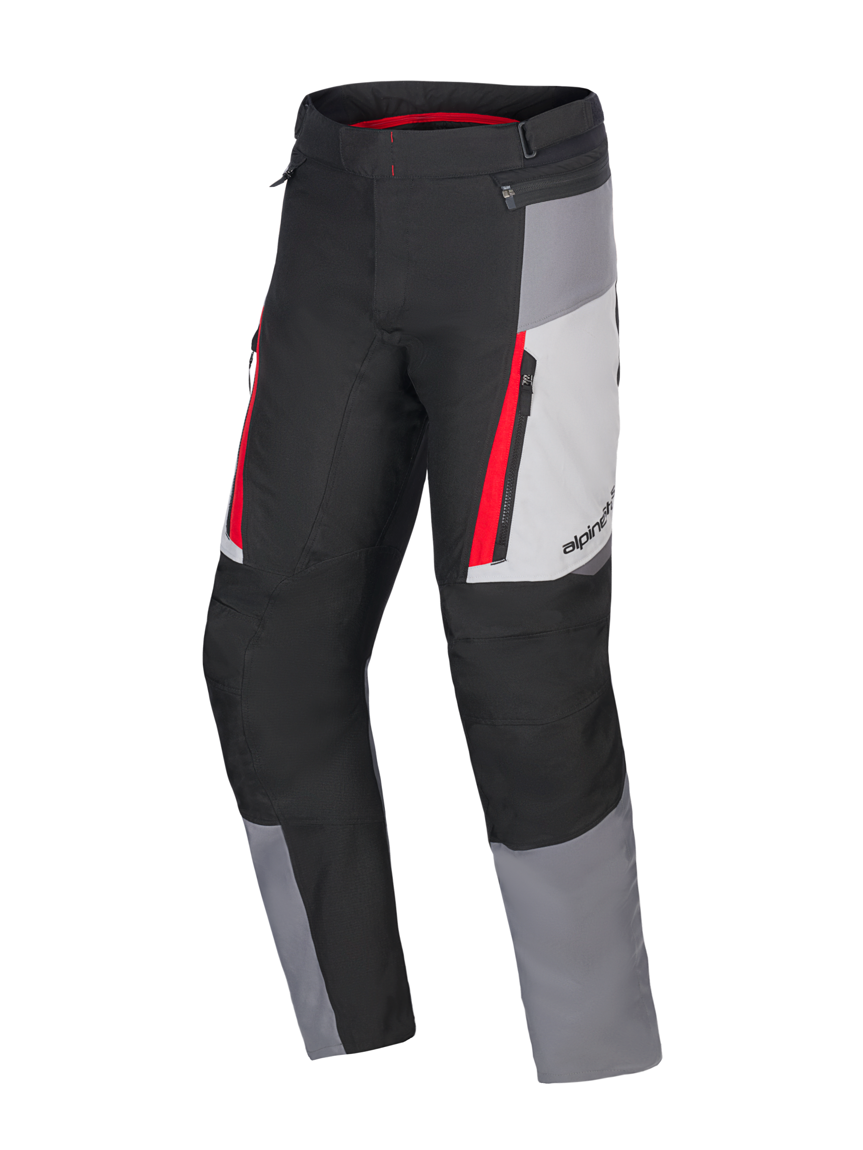 Alpinestars Honda ST-1 Waterproof Pants, turystyczne spodnie motocyklowe, kolory Ice Gray, Dark Gray i czarny z czerwonymi akcentami, techniczna konstrukcja tekstylna z wodoodporną podszewką, kieszenie cargo na zamek i ergonomiczne, profilowane nogawki