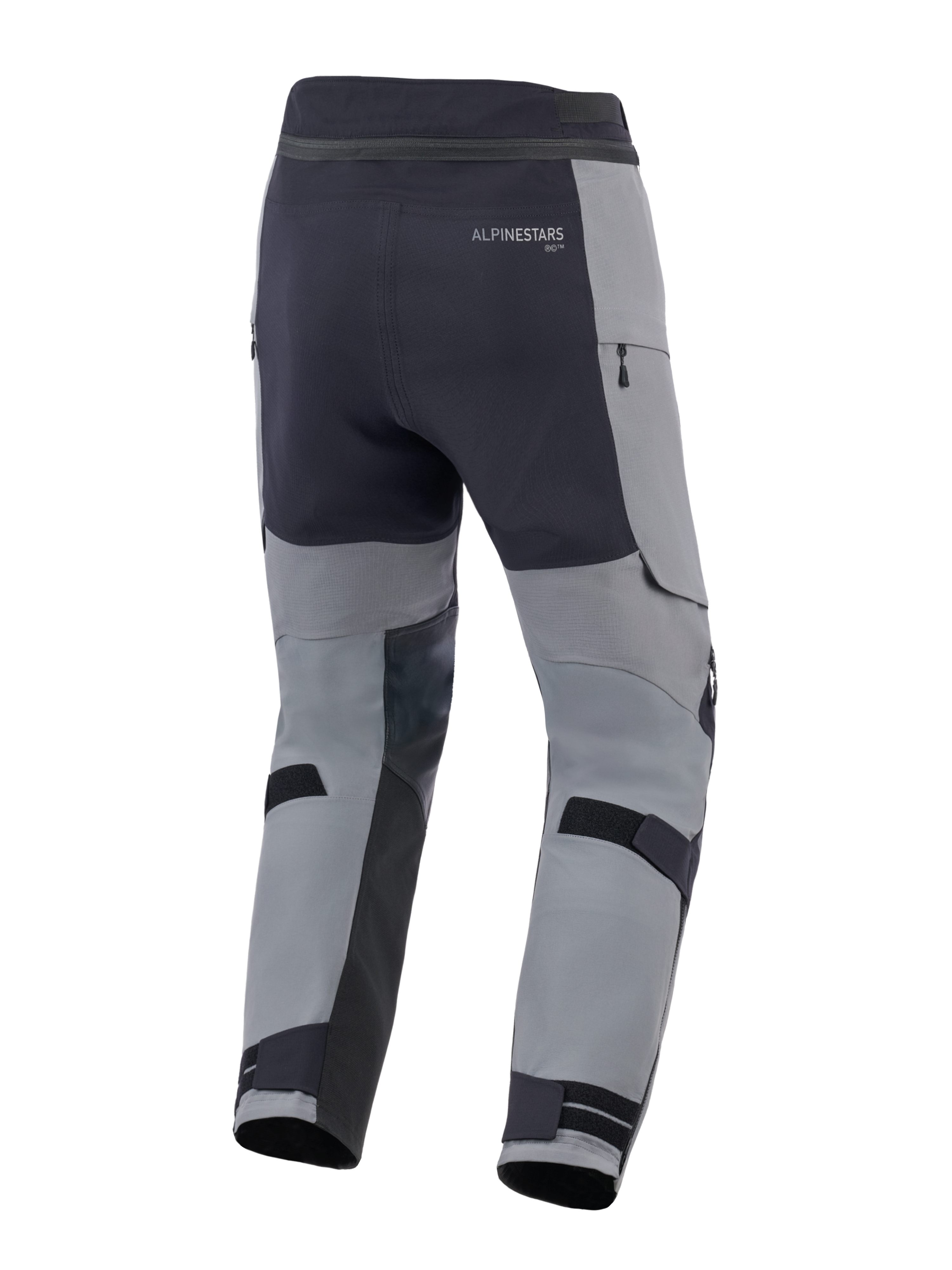Alpinestars Andes Pro Drystar® XF Pants, Adventure Motorcycle Pants, Dark Gray and Black, rear view featuring adjustable calf straps, Alpinestars branding, and waterproof zippered details