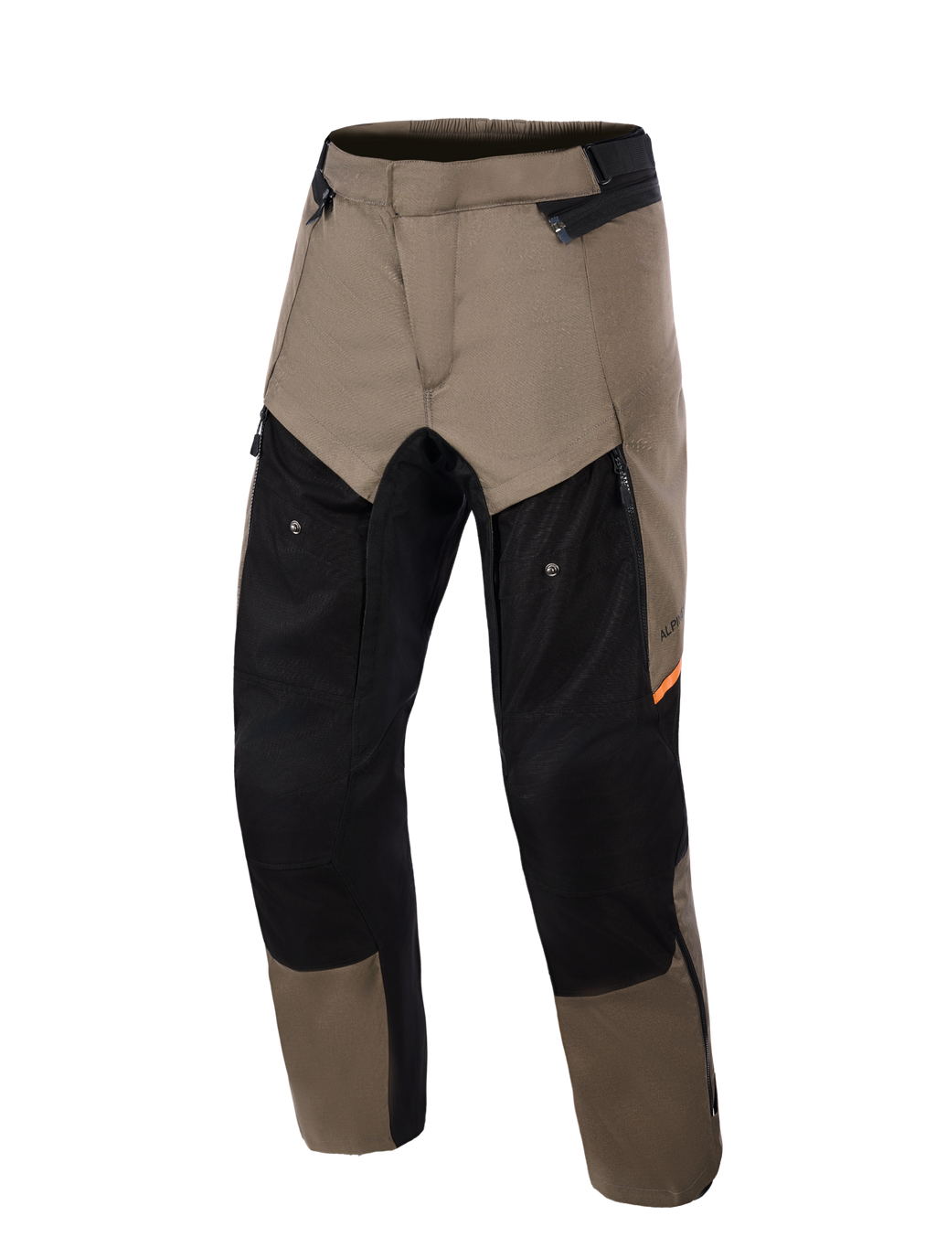 Alpinestars Cusco Drystar® Pants, spodnie motocyklowe adventure, kolor Walnut Black, widok z przodu, orzechowo-brązowe i czarne panele z pomarańczowymi akcentami, duża wentylacja na udach zapinana na zamek, trwała konstrukcja tekstylna