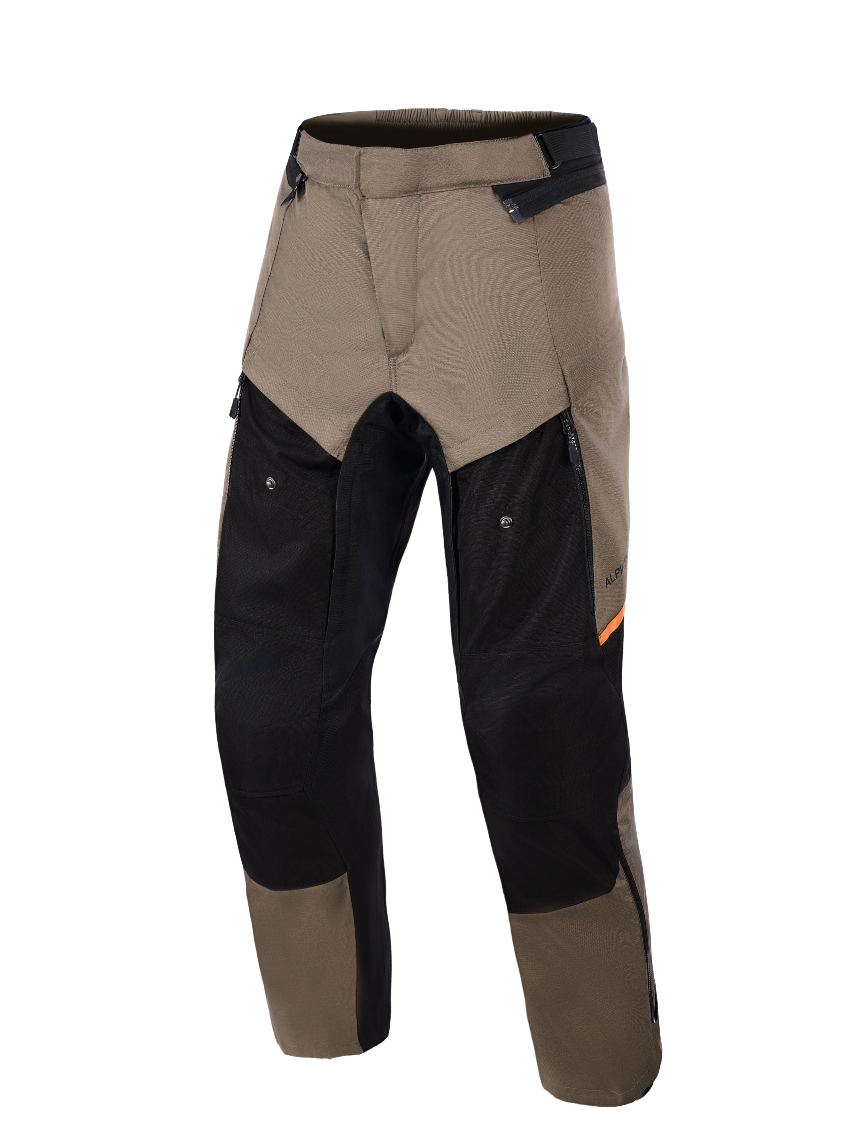 Alpinestars Cusco Drystar® Pants, spodnie motocyklowe adventure, kolor Walnut Black, widok z przodu, orzechowo-brązowe i czarne panele z pomarańczowymi akcentami, duża wentylacja na udach zapinana na zamek, trwała konstrukcja tekstylna