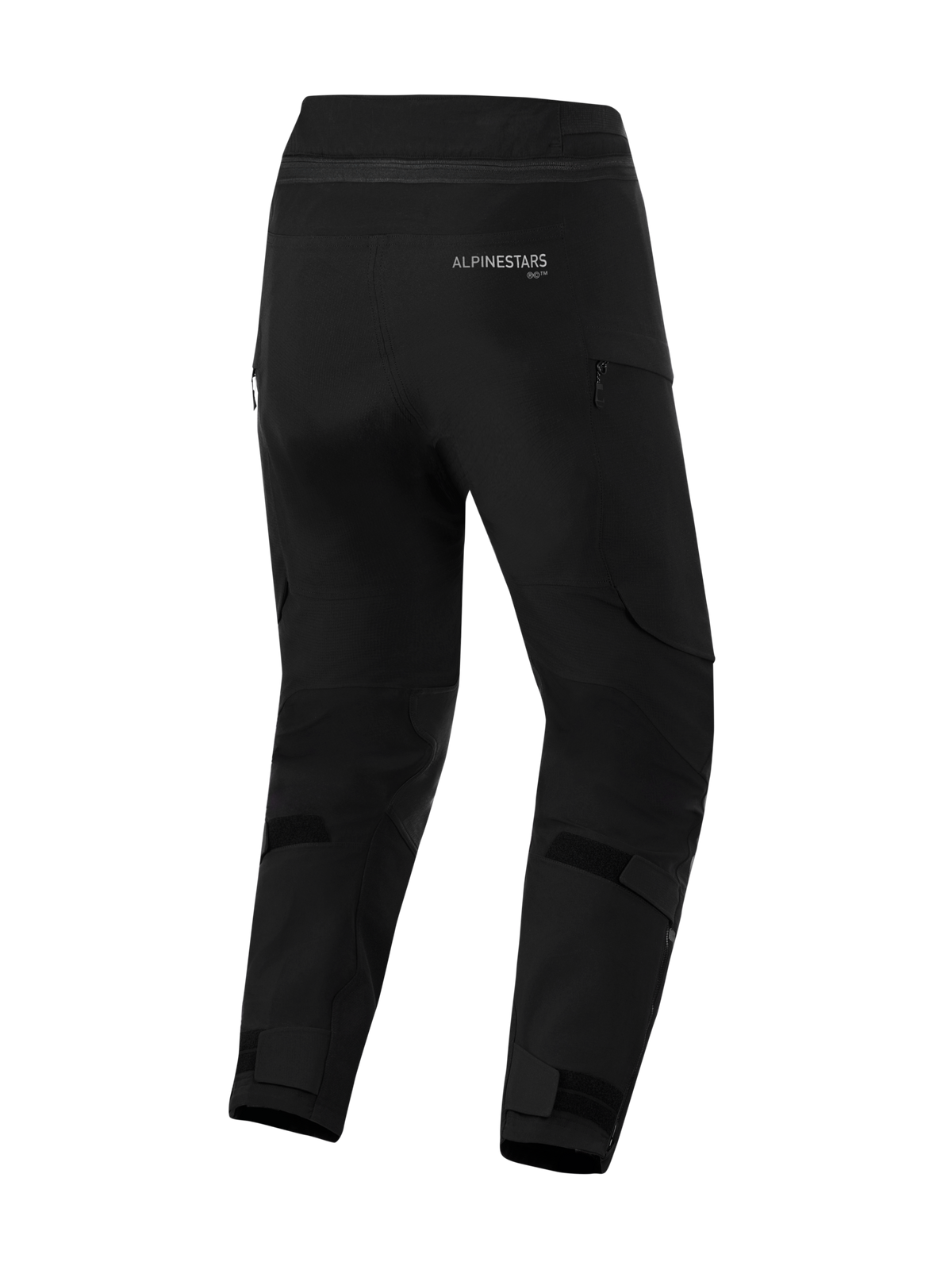 Alpinestars Andes Pro Drystar® XF Pants - Short, czarne spodnie motocyklowe, widok z tyłu z logo Alpinestars, regulowane paski na rzepy na łydkach i kostkach, otwory wentylacyjne na zamki, wytrzymała konstrukcja tekstylna do adventure touring