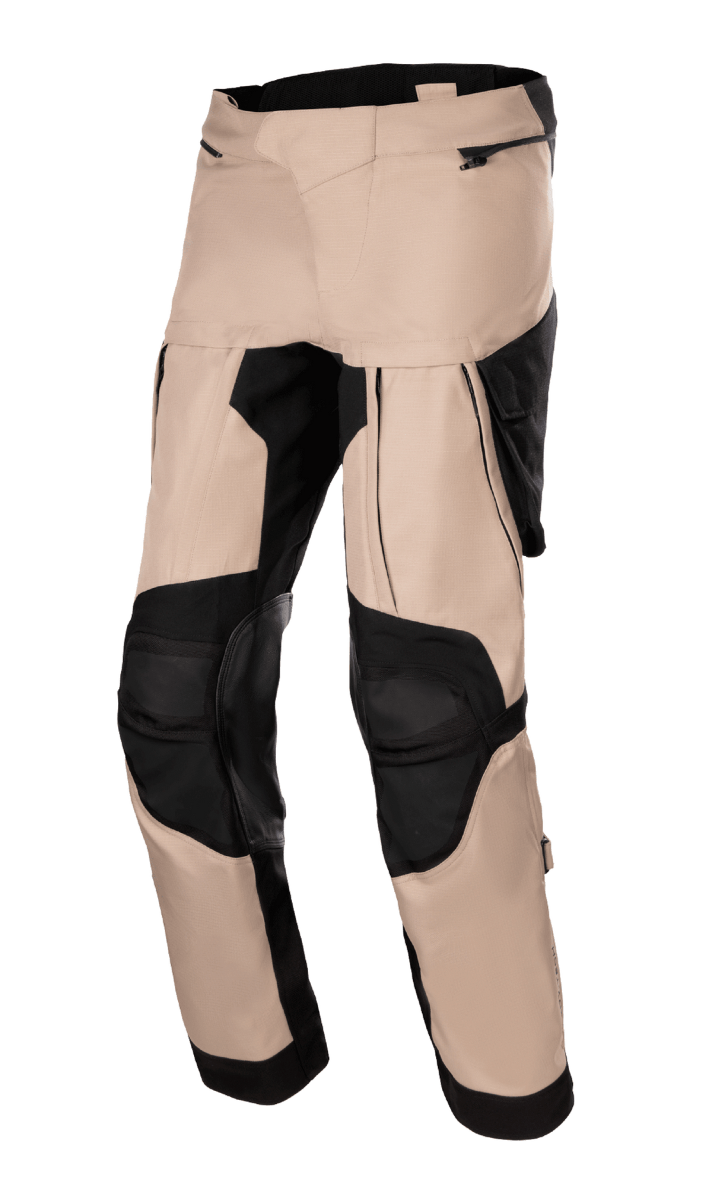 Alpinestars Halo Drystar Pants, Adventure Touring Motorcycle Pants, Dark Khaki and Black, featuring large thigh ventilation panels, reinforced black knee sections, and multi-panel textile construction with zippered pockets