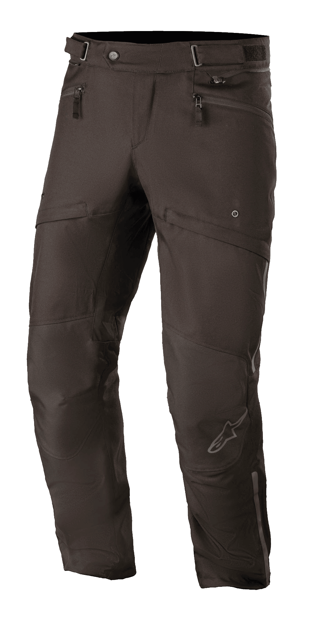Alpinestars AST-1 V2 Waterproof Pants, Black, Motorcycle Touring Pants, durable textile fabric, zippered hand pockets, adjustable waist belt, articulated knee design with subtle star logo, sleek all-weather riding gear