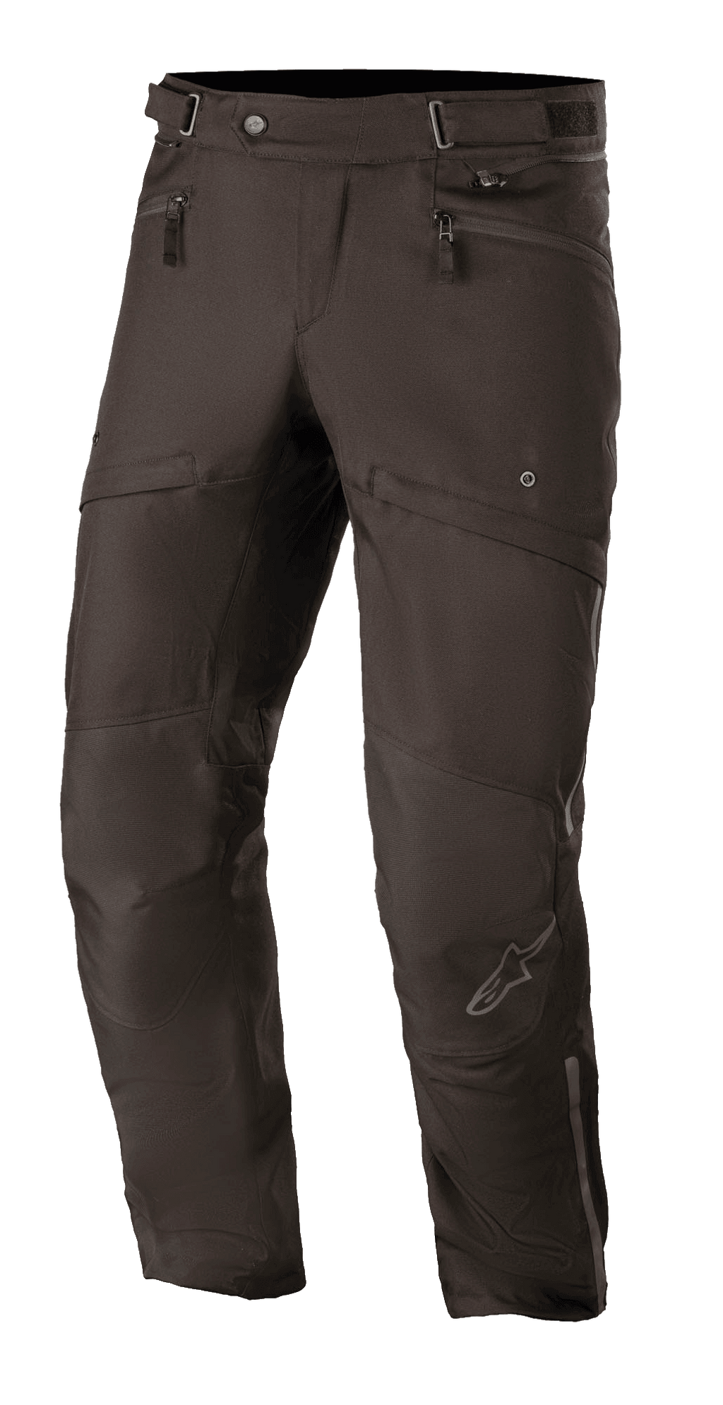 Alpinestars AST-1 V2 Waterproof Pants, czarne spodnie motocyklowe turystyczne, wytrzymała tkanina tekstylna, kieszenie na zamek, regulowany pas, profilowana konstrukcja kolan z subtelnym logo gwiazdy, stylowa odzież na każdą pogodę