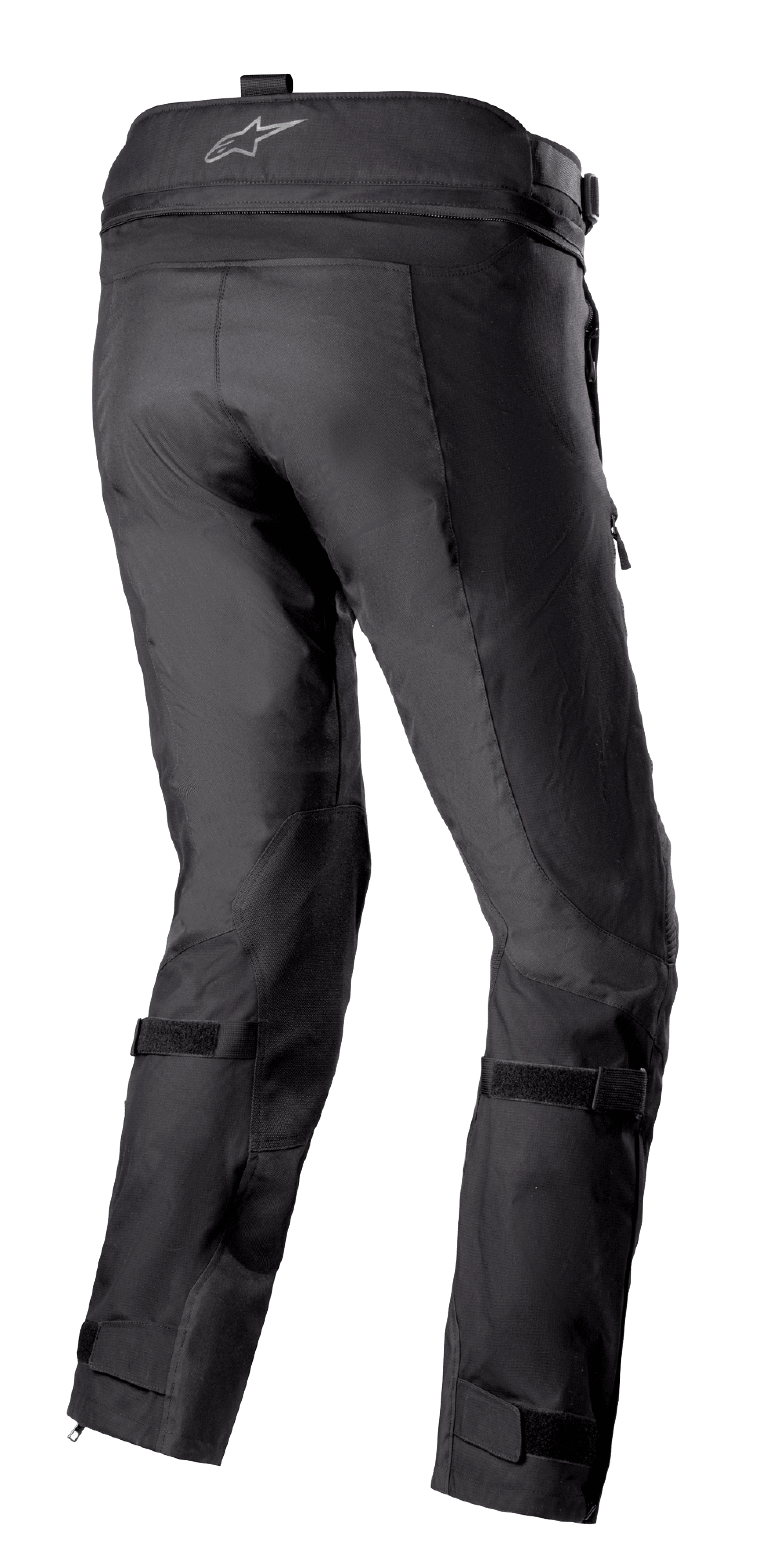 Alpinestars Bogotá Pro Drystar® 3 Seasons Pants, czarne motocyklowe spodnie turystyczne adventure widoczne z tyłu, z logo na pasie, regulowanymi paskami na nogawkach i techniczną konstrukcją tekstylną ze wzmocnionymi panelami.