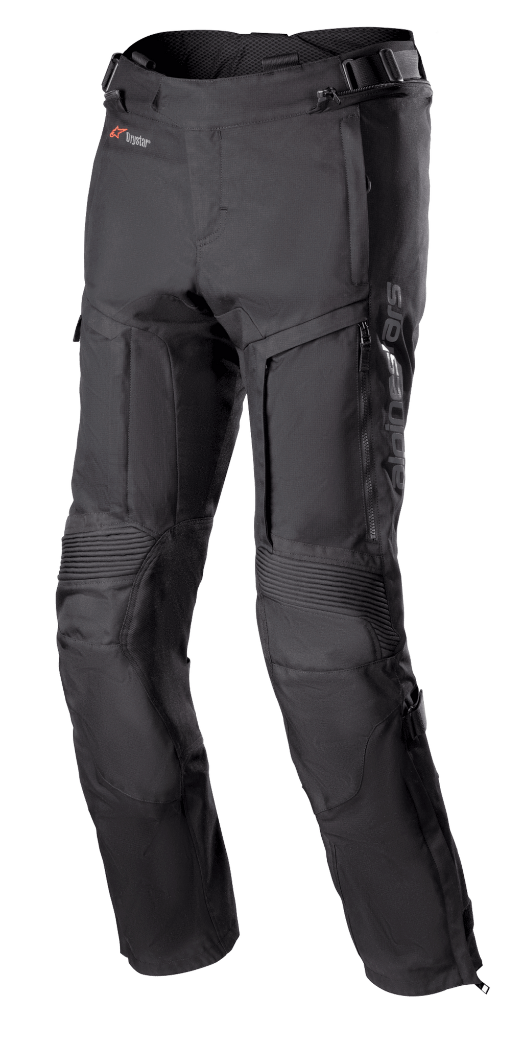 Alpinestars Bogota Pro Drystar 3 Seasons Pants, czarne spodnie motocyklowe turystyczne, wentylacja na zamki na udach, harmonijkowe panele elastyczne na kolanach, regulowane paski w pasie, wytrzymały materiał tekstylny z logo Drystar