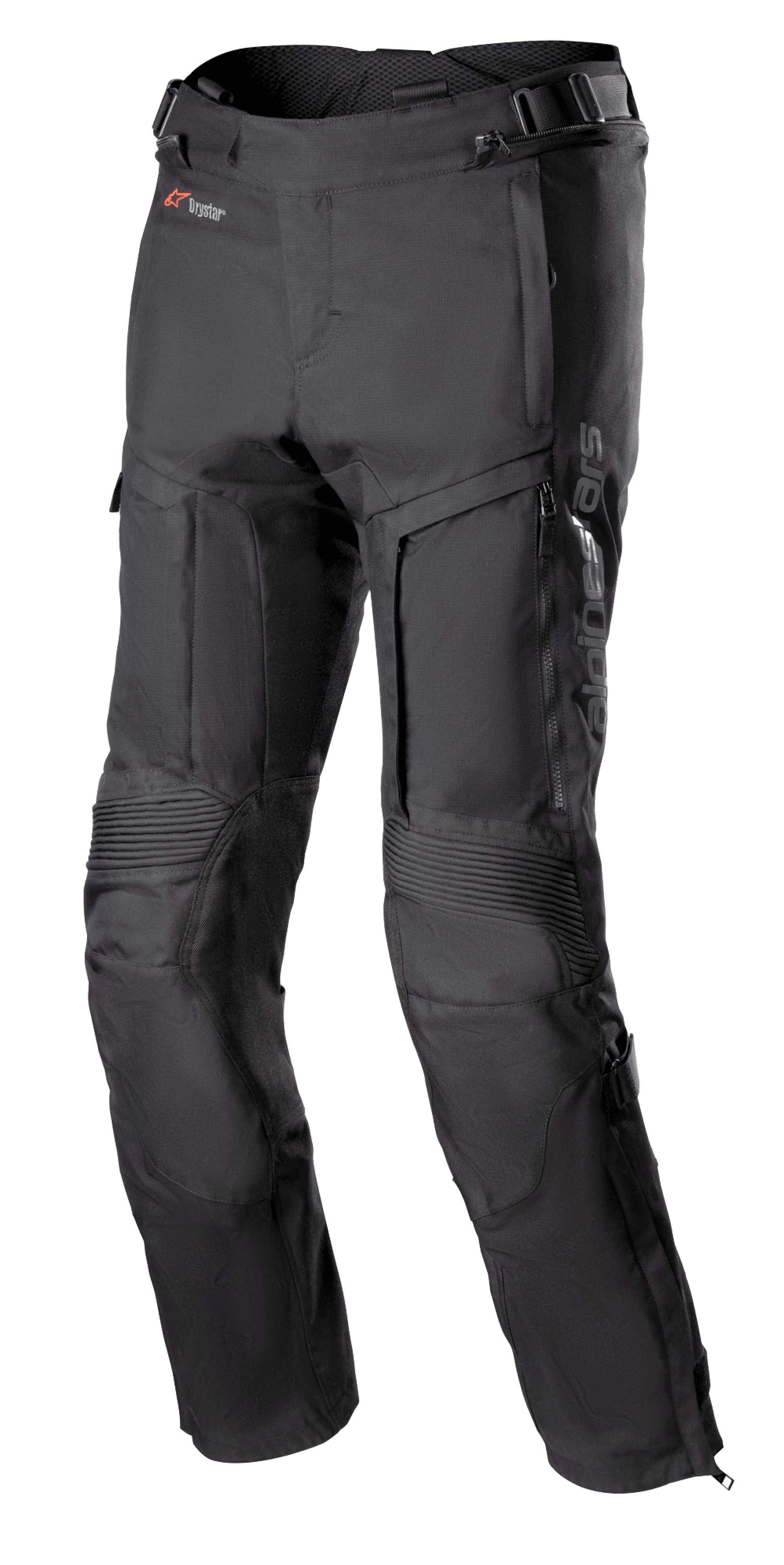Alpinestars Bogota Pro Drystar 3 Seasons Pants, czarne spodnie motocyklowe turystyczne, wentylacja na zamki na udach, harmonijkowe panele elastyczne na kolanach, regulowane paski w pasie, wytrzymały materiał tekstylny z logo Drystar