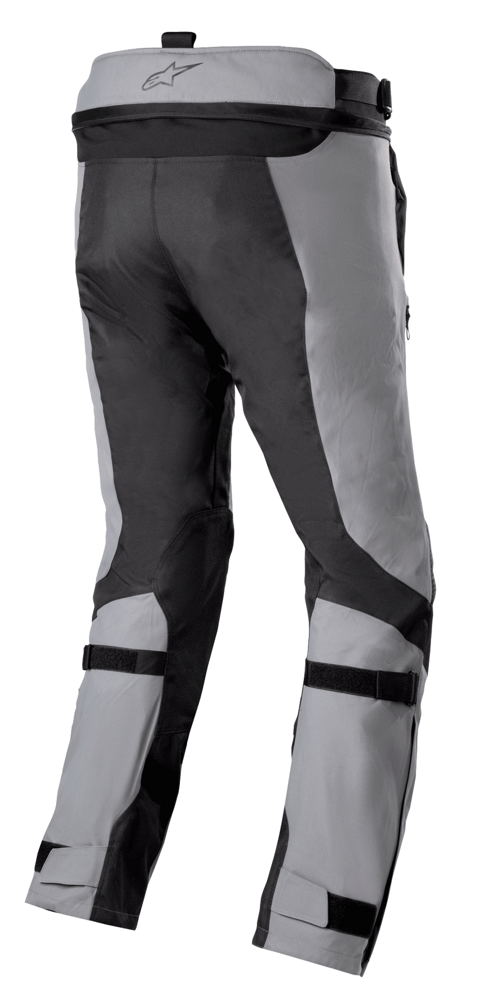Alpinestars Bogotá Pro Drystar® 3 Seasons Pants, motocyklowe spodnie adventure touring, ciemnoszary i jasnoszary, widok z tyłu z regulowanymi paskami na łydkach i kostkach, zamkiem do łączenia w pasie i wytrzymałymi panelami tekstylnymi ripstop