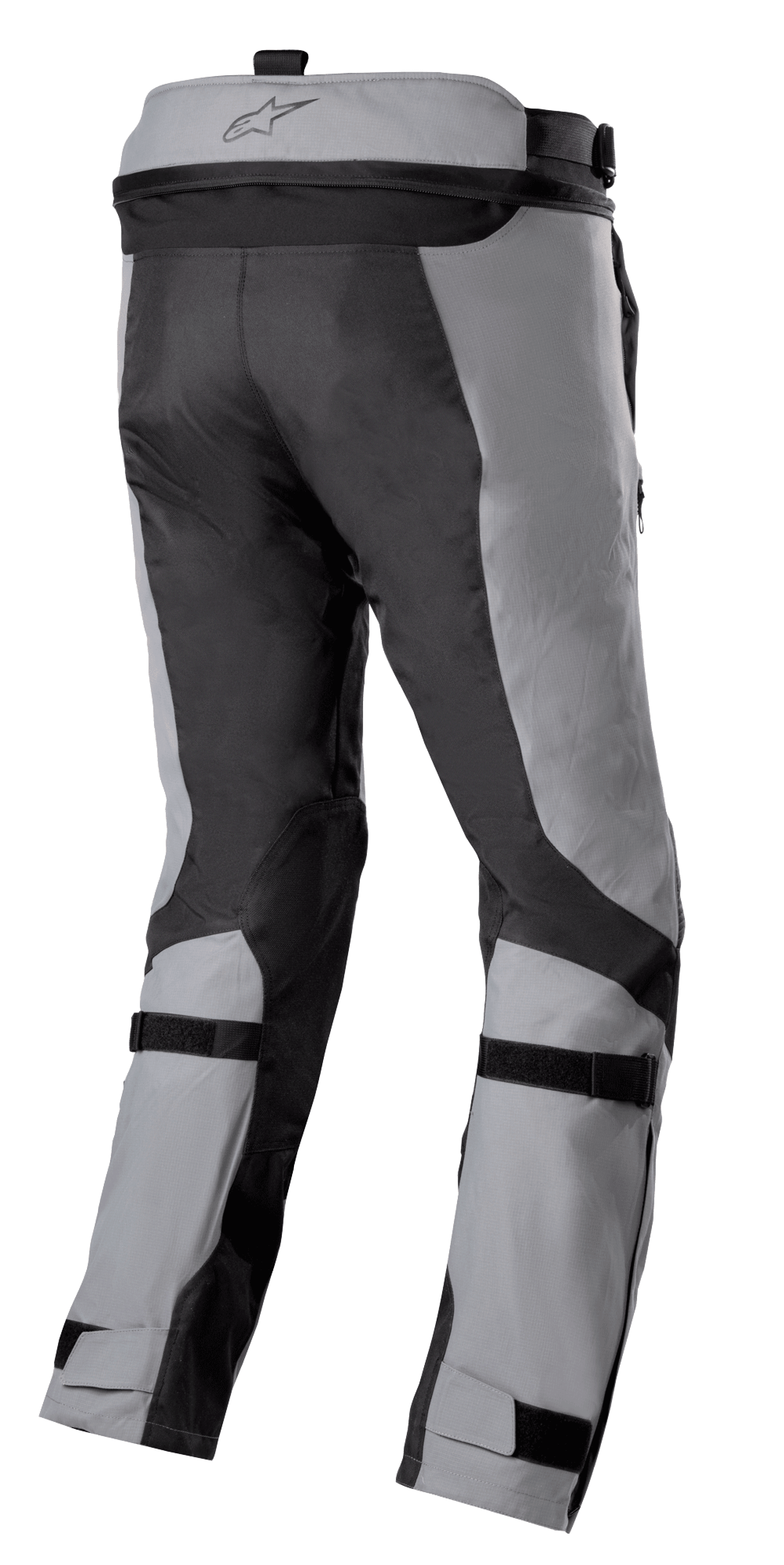 Alpinestars Bogotá Pro Drystar® 3 Seasons Pants, motocyklowe spodnie adventure touring, ciemnoszary i jasnoszary, widok z tyłu z regulowanymi paskami na łydkach i kostkach, zamkiem do łączenia w pasie i wytrzymałymi panelami tekstylnymi ripstop