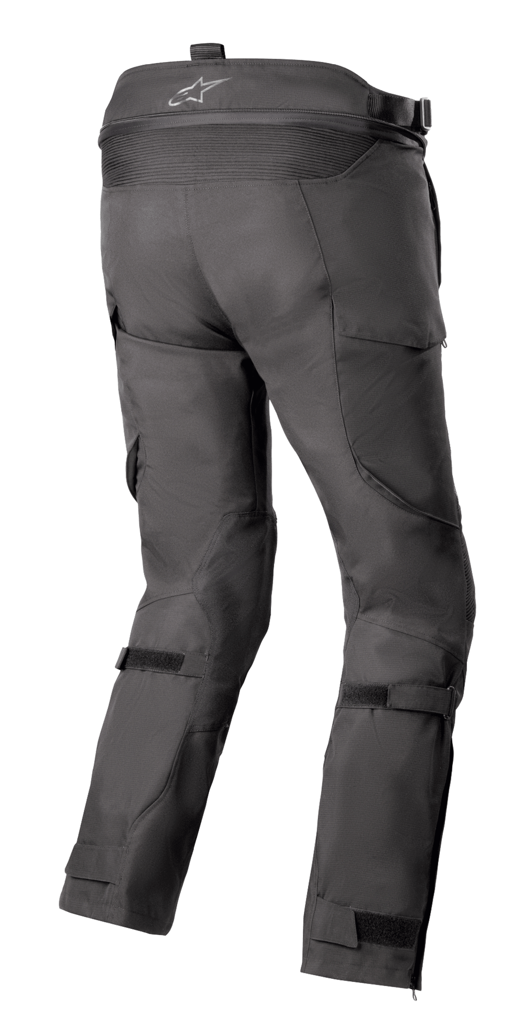 Alpinestars Bogota' Pro Drystar® 4 Seasons Pants, czarne, widok z tyłu motocyklowych spodni adventure touring ukazujący logo na pasie, harmonijkowe panele elastyczne oraz regulowane paski na nogawkach.