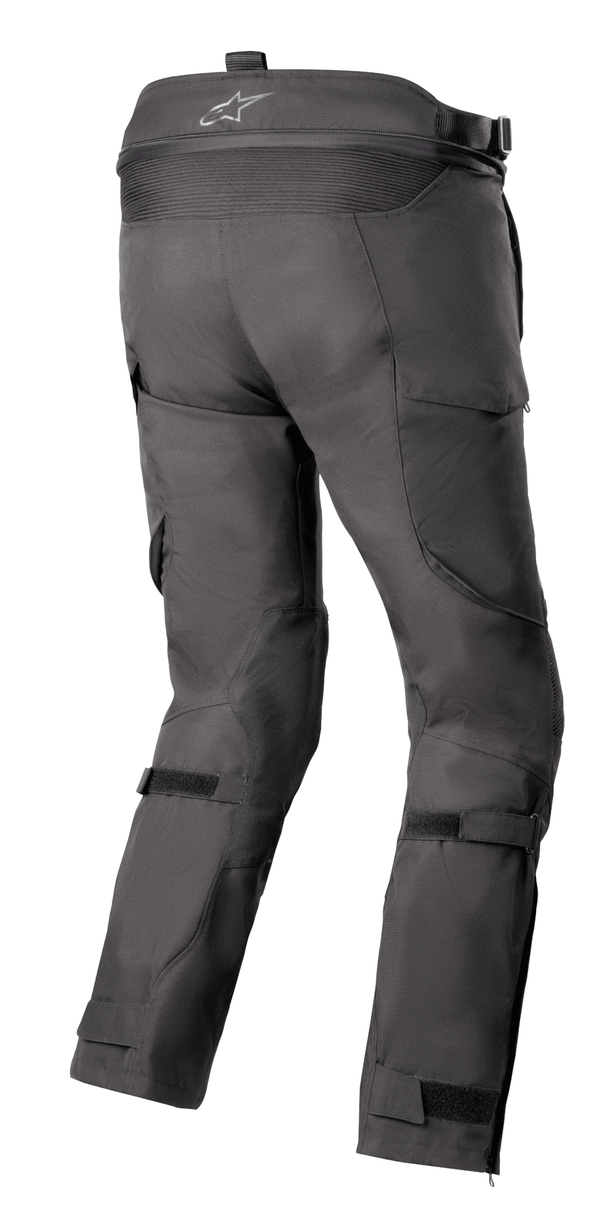 Alpinestars Bogota' Pro Drystar® 4 Seasons Pants, czarne, widok z tyłu motocyklowych spodni adventure touring ukazujący logo na pasie, harmonijkowe panele elastyczne oraz regulowane paski na nogawkach.