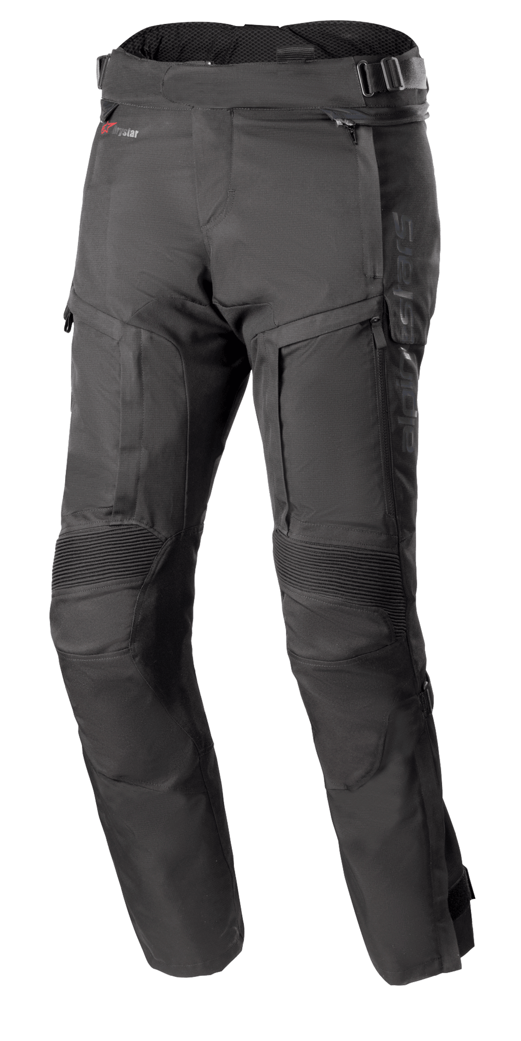 Spodnie Alpinestars Bogota Pro Drystar 4 Seasons, czarne motocyklowe spodnie turystyczne, krój Regular Fit, wzmocnione kolana z żebrowaną ochroną, regulowane paski w talii z klamrami, wodoodporna technologia Drystar, liczne kieszenie i zamki wentylacyjne