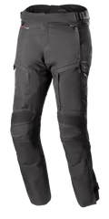 Spodnie Alpinestars Bogota Pro Drystar 4 Seasons, czarne motocyklowe spodnie turystyczne, krój Regular Fit, wzmocnione kolana z żebrowaną ochroną, regulowane paski w talii z klamrami, wodoodporna technologia Drystar, liczne kieszenie i zamki wentylacyjne