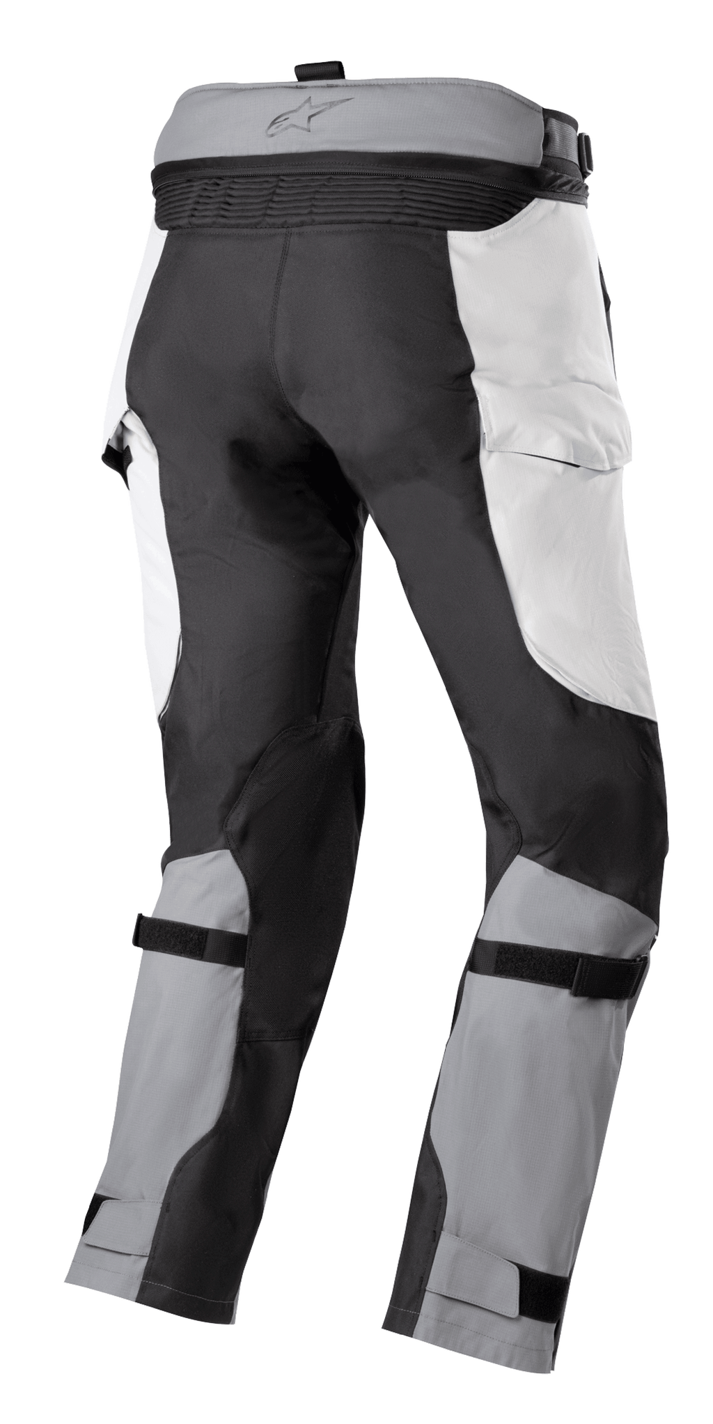 Spodnie Alpinestars Bogotá Pro Drystar® 4 Seasons, spodnie adventure touring, kolor jasnoszary i ciemnoszary, widok z tyłu z zamkiem do łączenia w pasie, panelami w stylu cargo i regulowanymi paskami na łydkach dla bezpiecznego dopasowania