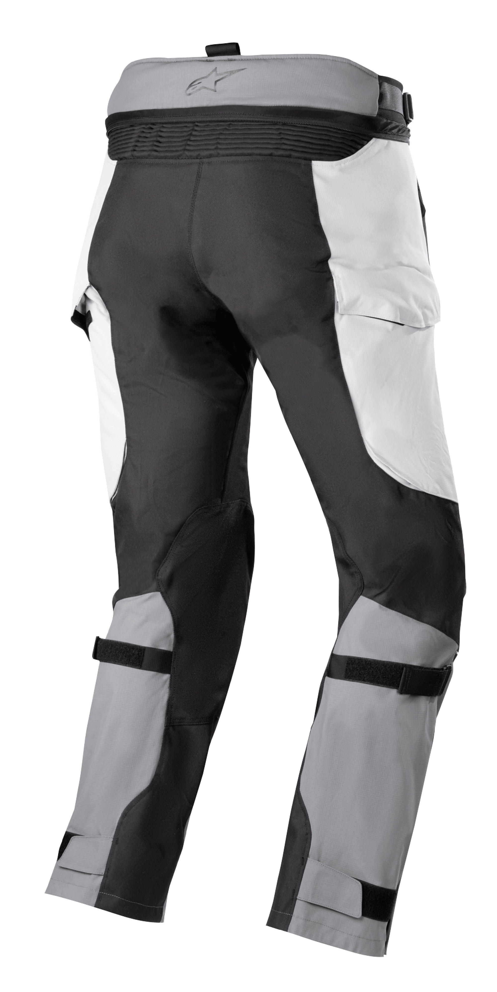 Spodnie Alpinestars Bogotá Pro Drystar® 4 Seasons, spodnie adventure touring, kolor jasnoszary i ciemnoszary, widok z tyłu z zamkiem do łączenia w pasie, panelami w stylu cargo i regulowanymi paskami na łydkach dla bezpiecznego dopasowania