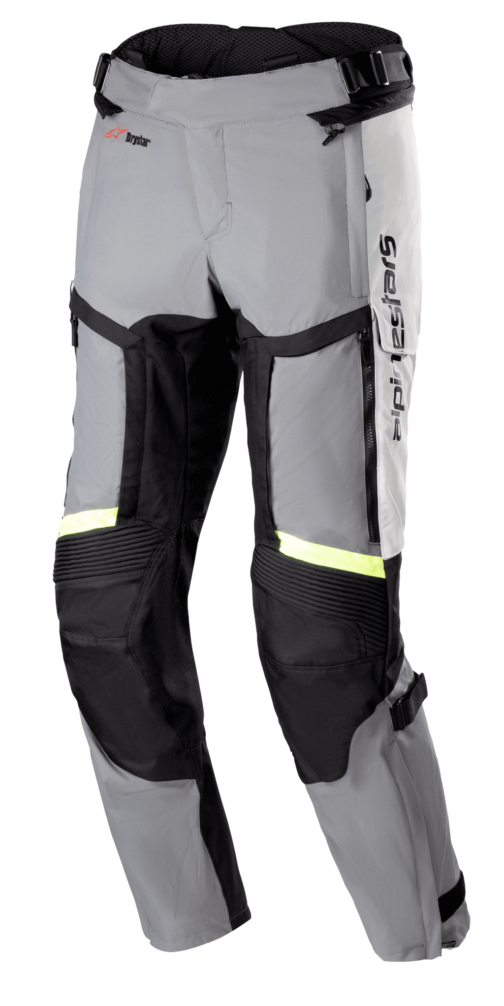 Alpinestars Bogota Pro Drystar 4 Seasons Pants, motocyklowe spodnie turystyczne o kroju Regular, jasnoszare i ciemnoszare z odblaskowymi paskami w kolorze żółtym fluo, duże panele wentylacyjne na udach, elastyczne wstawki na kolanach i regulacja w pasie, odzież motocyklowa typu adventure