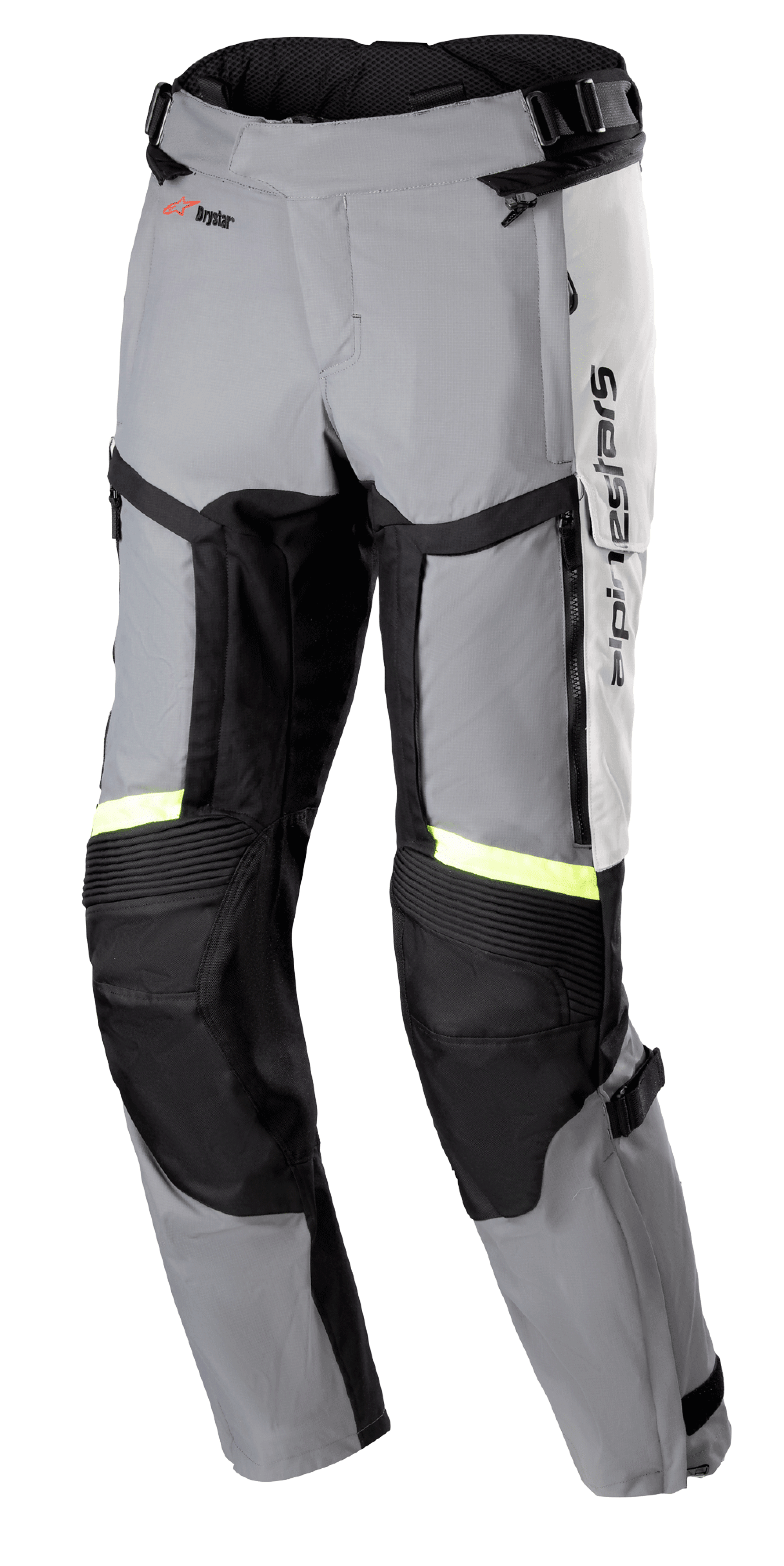 Alpinestars Bogota Pro Drystar 4 Seasons Pants, motocyklowe spodnie turystyczne o kroju Regular, jasnoszare i ciemnoszare z odblaskowymi paskami w kolorze żółtym fluo, duże panele wentylacyjne na udach, elastyczne wstawki na kolanach i regulacja w pasie, odzież motocyklowa typu adventure