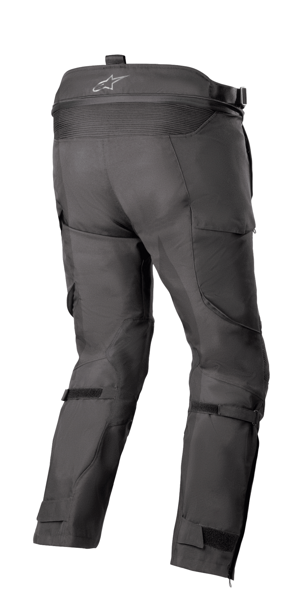 Alpinestars Bogotá Pro Drystar® 4 Seasons Pants - Short, turystyczne spodnie motocyklowe adventure, czarne, widok z tyłu pokazujący wysoką talię z logo, elastyczny panel harmonijkowy, regulowane paski na łydkach i techniczną konstrukcję tekstylną.