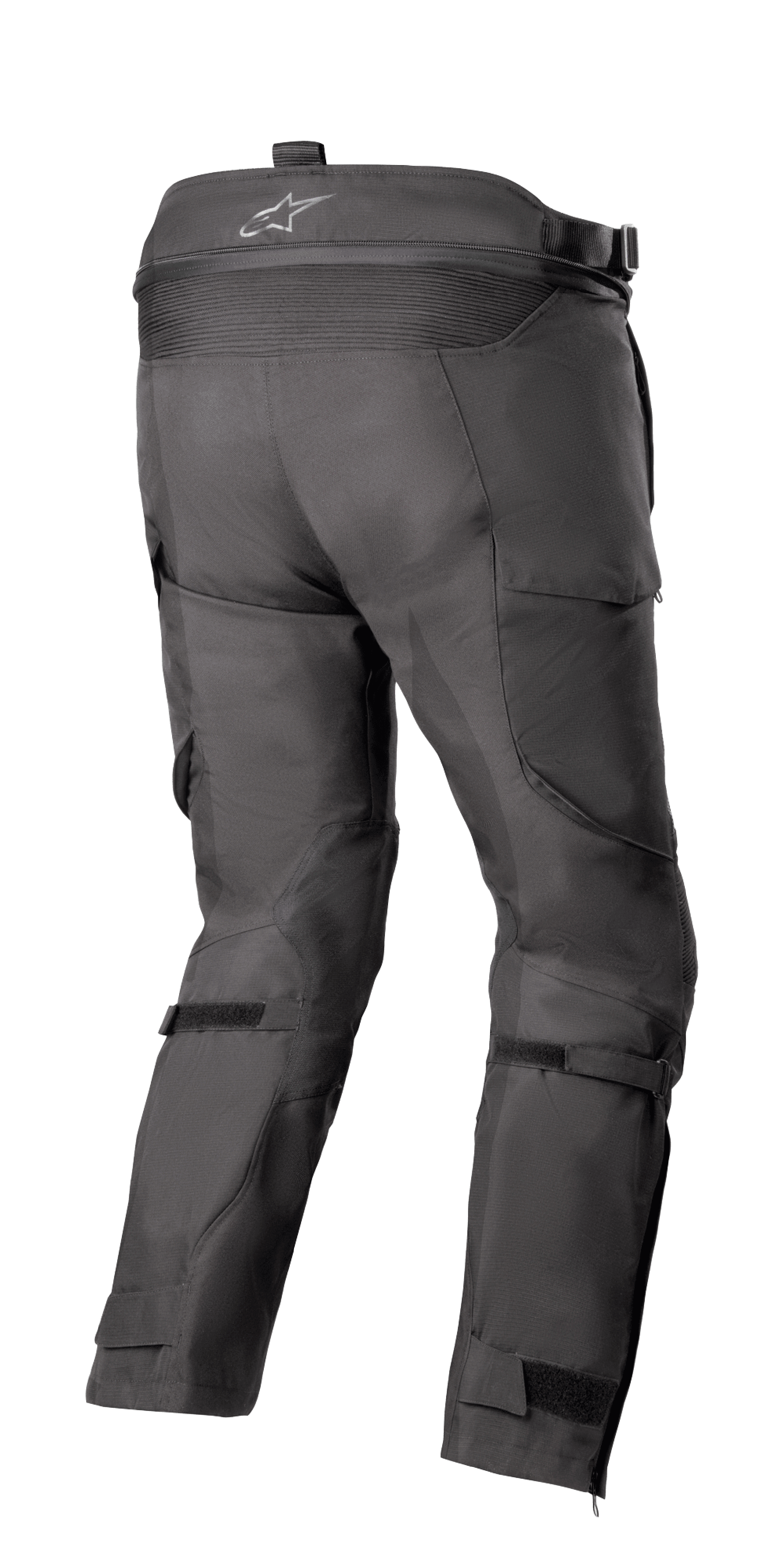 Alpinestars Bogotá Pro Drystar® 4 Seasons Pants - Short, turystyczne spodnie motocyklowe adventure, czarne, widok z tyłu pokazujący wysoką talię z logo, elastyczny panel harmonijkowy, regulowane paski na łydkach i techniczną konstrukcję tekstylną.