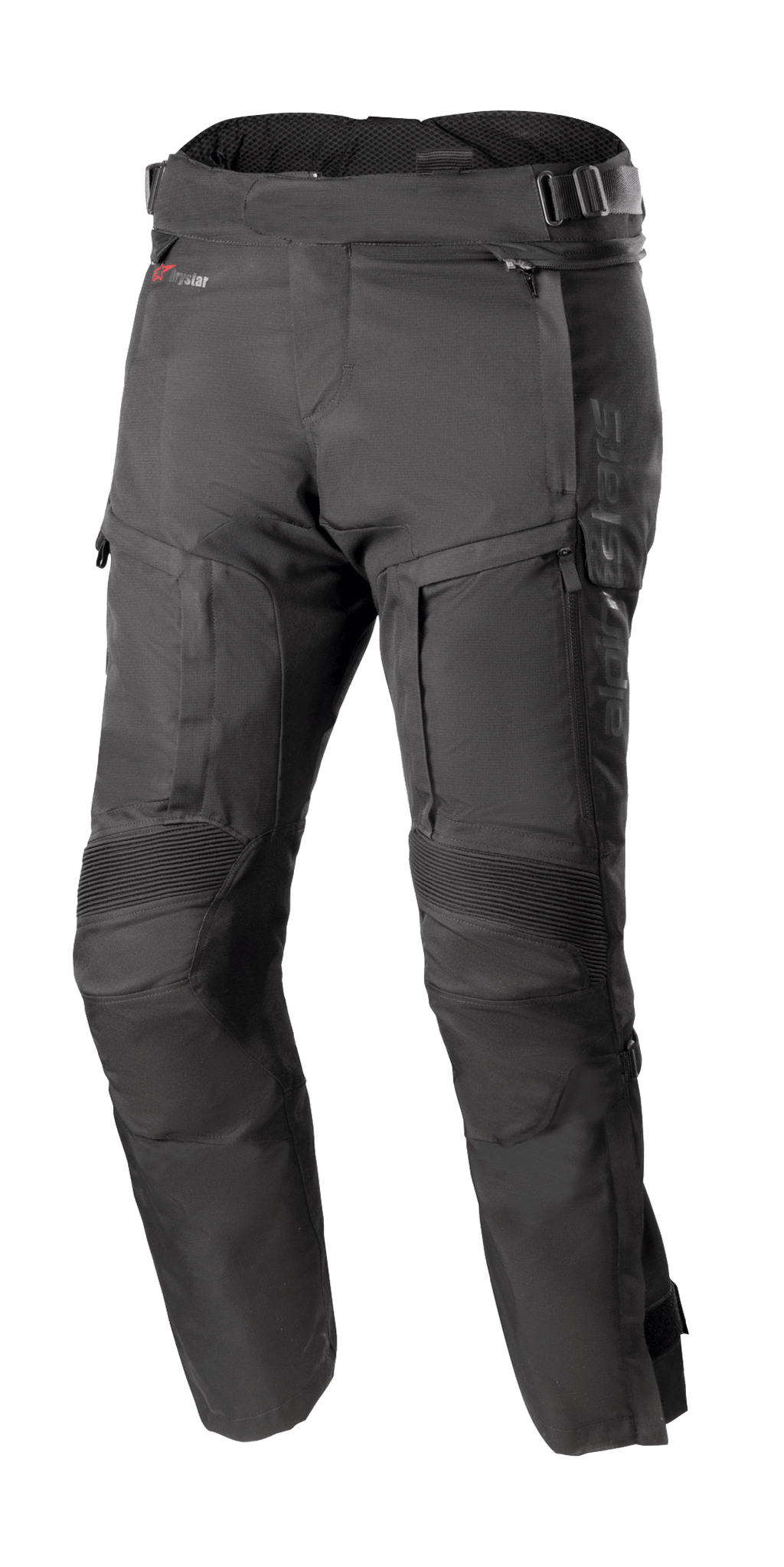 Alpinestars Bogota Pro Drystar 4 Seasons Pants Short, czarne spodnie motocyklowe turystyczne, wodoodporne i oddychające, wzmocnione harmonijkowe panele na kolanach, regulowane paski w pasie, wentylacja i kieszenie na zamek, wytrzymały materiał ripstop, całoroczna ochrona