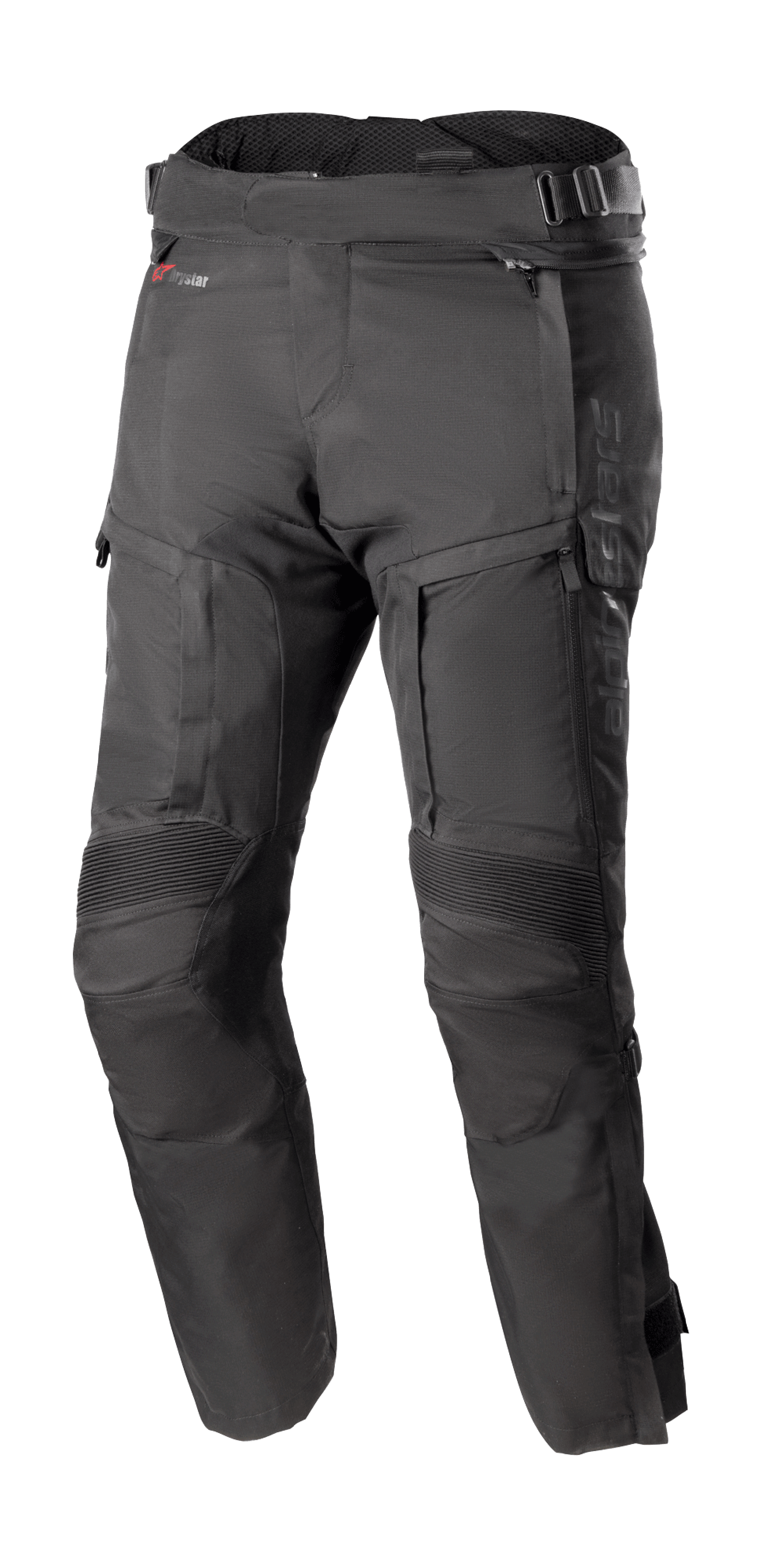 Alpinestars Bogota Pro Drystar 4 Seasons Pants Short, czarne spodnie motocyklowe turystyczne, wodoodporne i oddychające, wzmocnione harmonijkowe panele na kolanach, regulowane paski w pasie, wentylacja i kieszenie na zamek, wytrzymały materiał ripstop, całoroczna ochrona