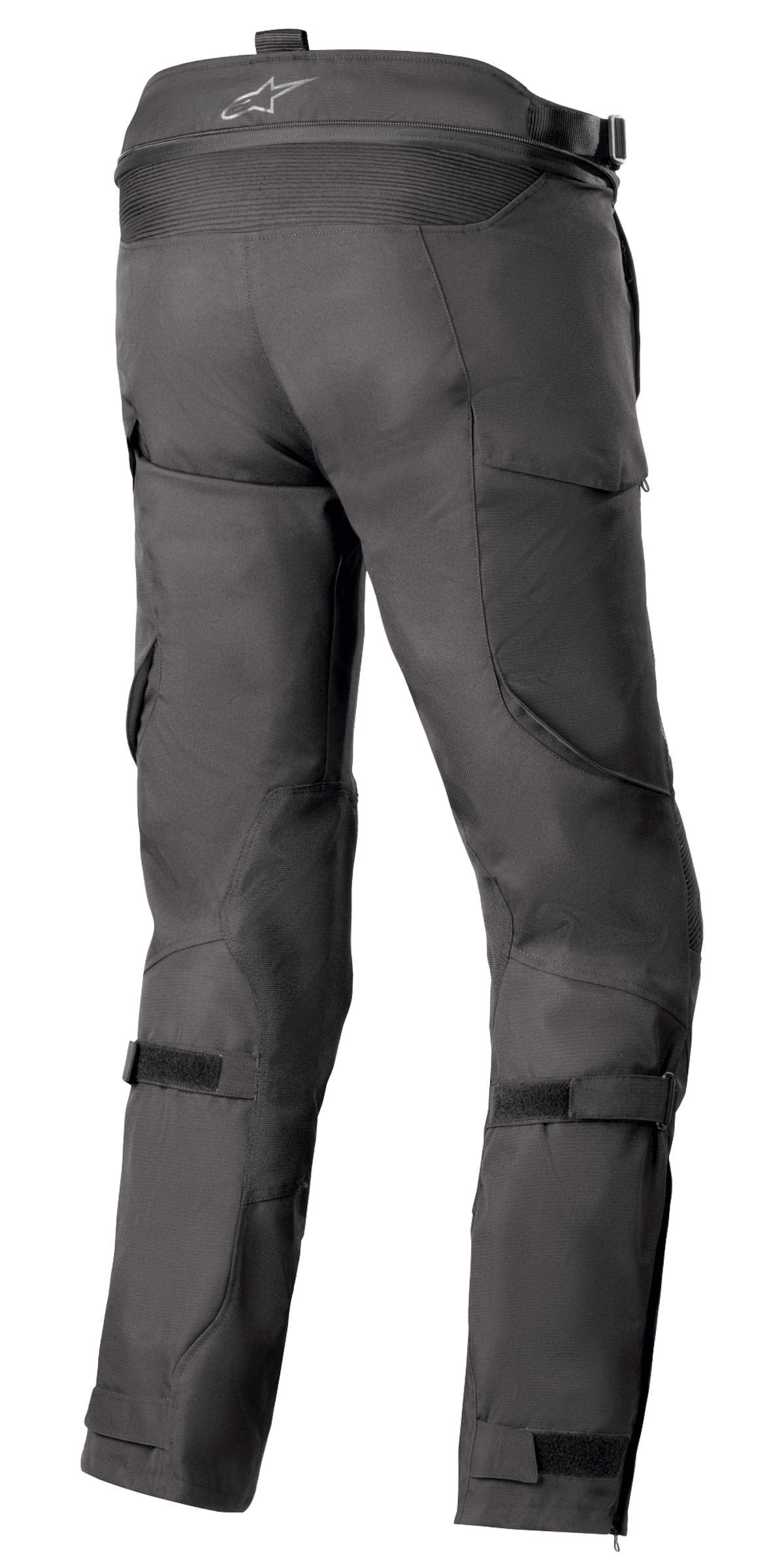 Alpinestars Bogota' Pro Drystar® 4 Seasons Pants - Long, czarne tekstylne spodnie motocyklowe, widok z tyłu podkreślający regulację w pasie i paski na łydkach, ergonomiczny krój do jazdy adventure