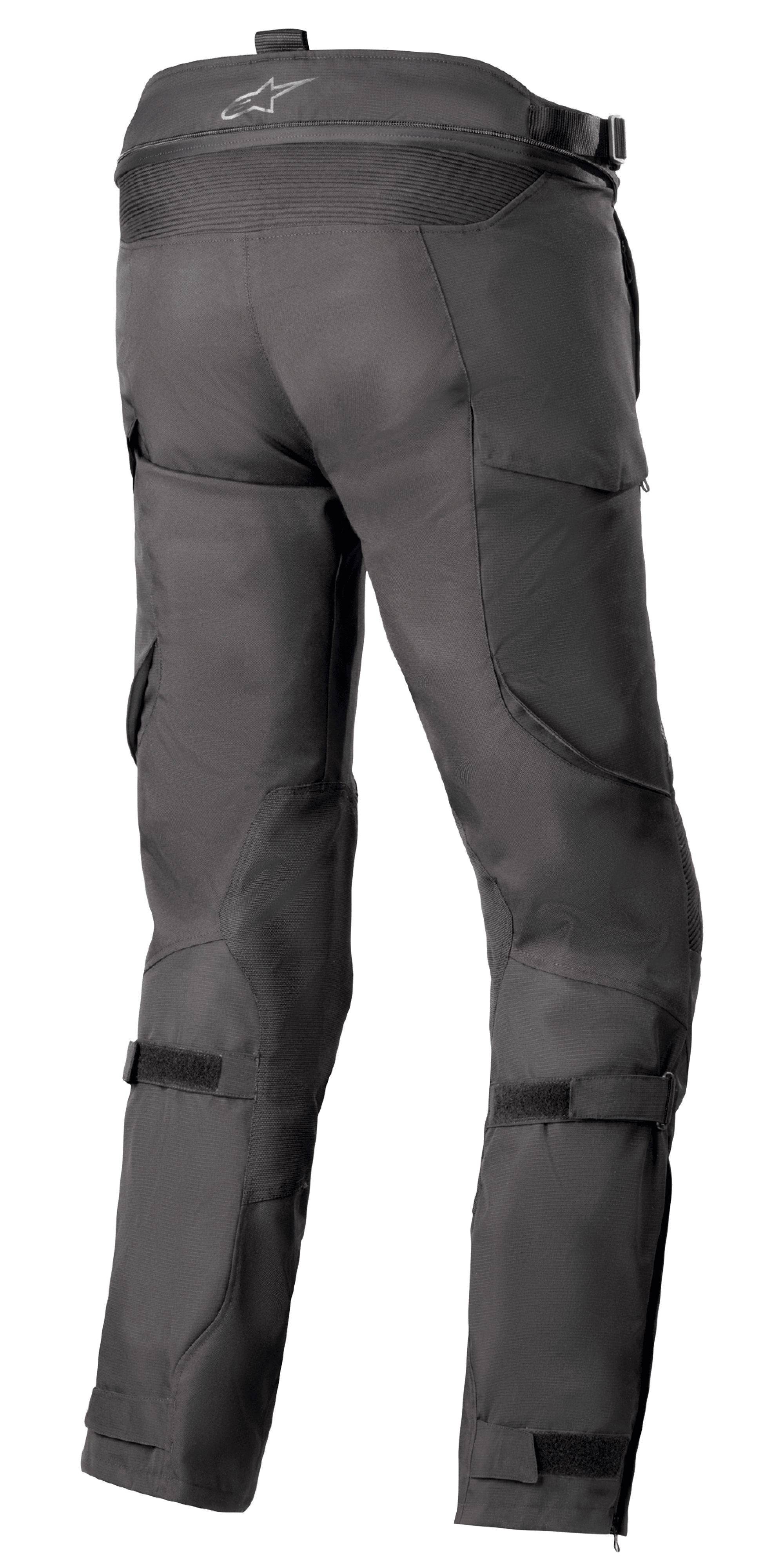 Alpinestars Bogota' Pro Drystar® 4 Seasons Pants - Long, czarne tekstylne spodnie motocyklowe, widok z tyłu podkreślający regulację w pasie i paski na łydkach, ergonomiczny krój do jazdy adventure