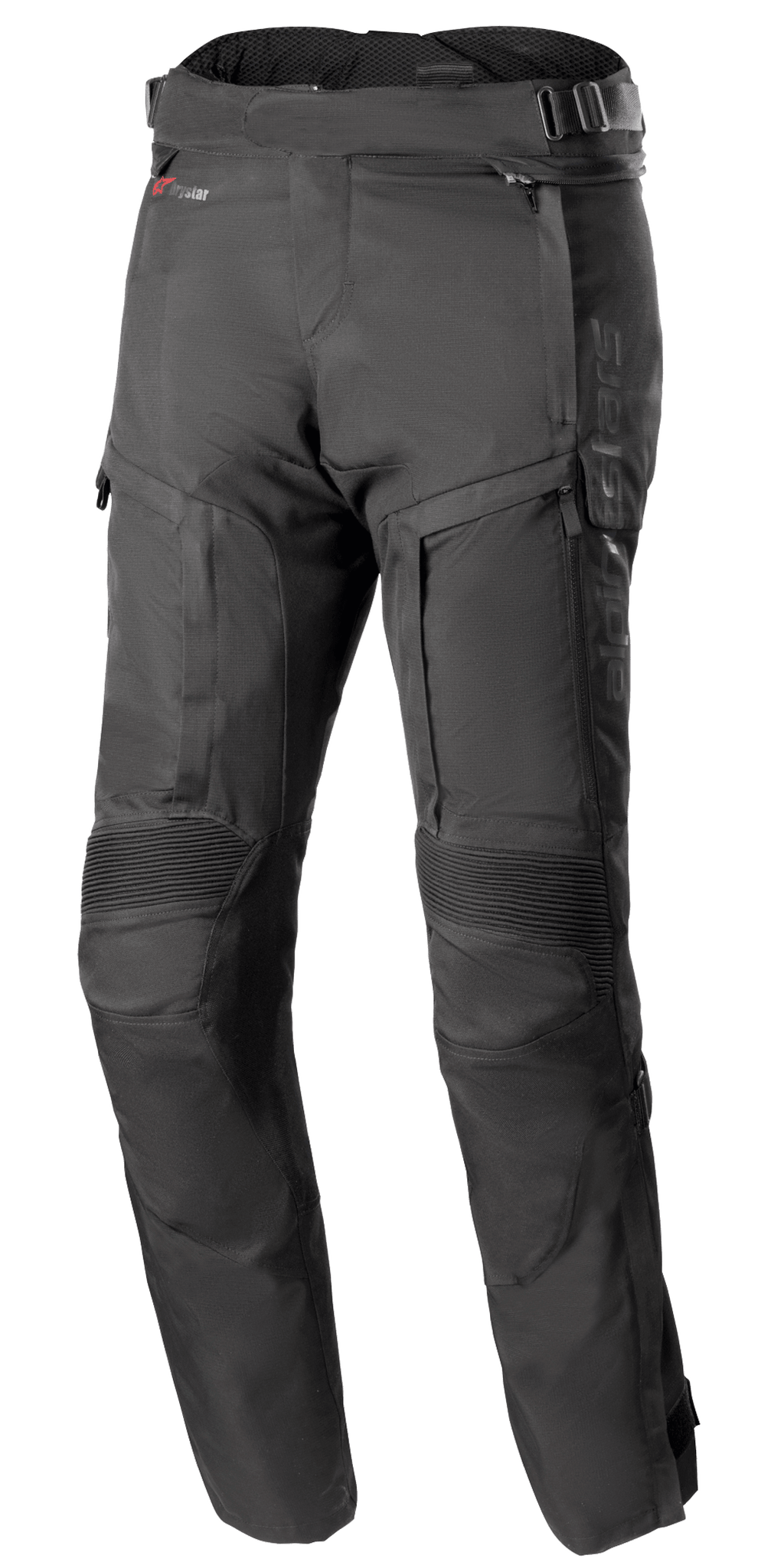 Alpinestars Bogota Pro Drystar 4 Seasons Pants Long, czarne motocyklowe spodnie turystyczne adventure, karbowane panele elastyczne na kolanach, zapinane na zamek panele wentylacyjne na udach, regulowane paski w talii z klamrami, trwała konstrukcja z technicznego materiału tekstylnego zapewniająca ochronę w każdych warunkach pogodowych