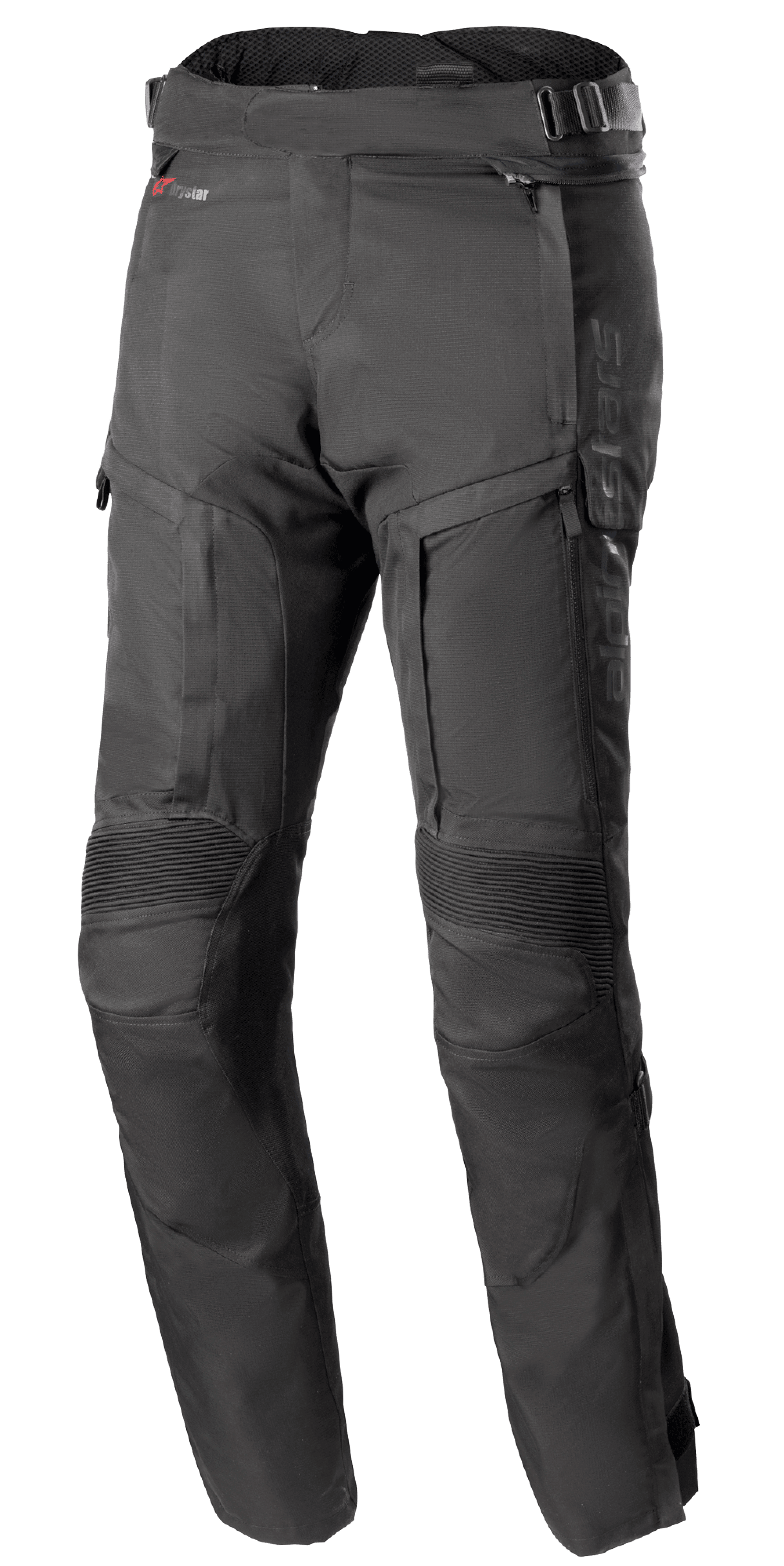 Alpinestars Bogota Pro Drystar 4 Seasons Pants Long, czarne motocyklowe spodnie turystyczne adventure, karbowane panele elastyczne na kolanach, zapinane na zamek panele wentylacyjne na udach, regulowane paski w talii z klamrami, trwała konstrukcja z technicznego materiału tekstylnego zapewniająca ochronę w każdych warunkach pogodowych