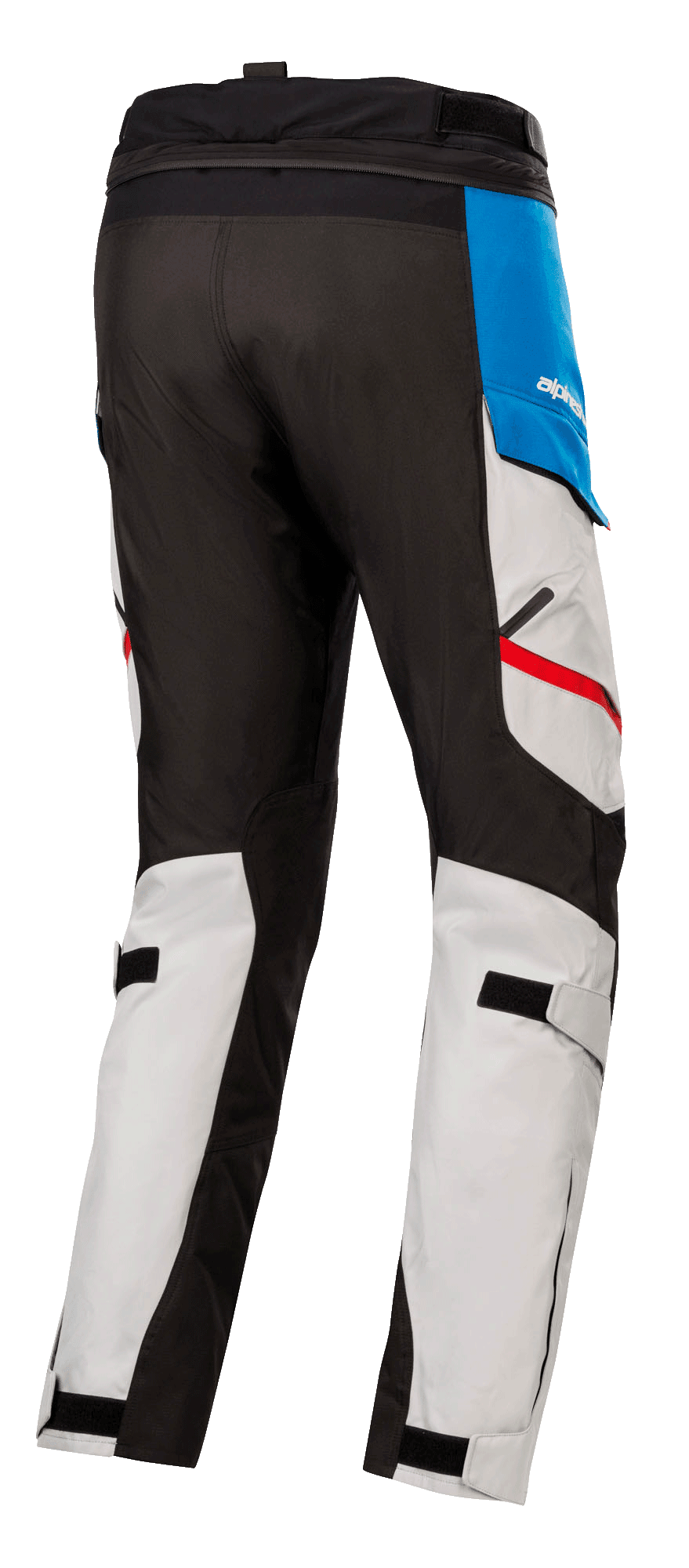 Alpinestars Honda Andes V3 Drystar® Pants, tekstylne spodnie motocyklowe, jasnoszare z niebieskimi i jasnoczerwonymi akcentami, widok z tyłu pokazujący czarne wzmocnione panele, regulowane paski na łydkach i zamek do łączenia w pasie.