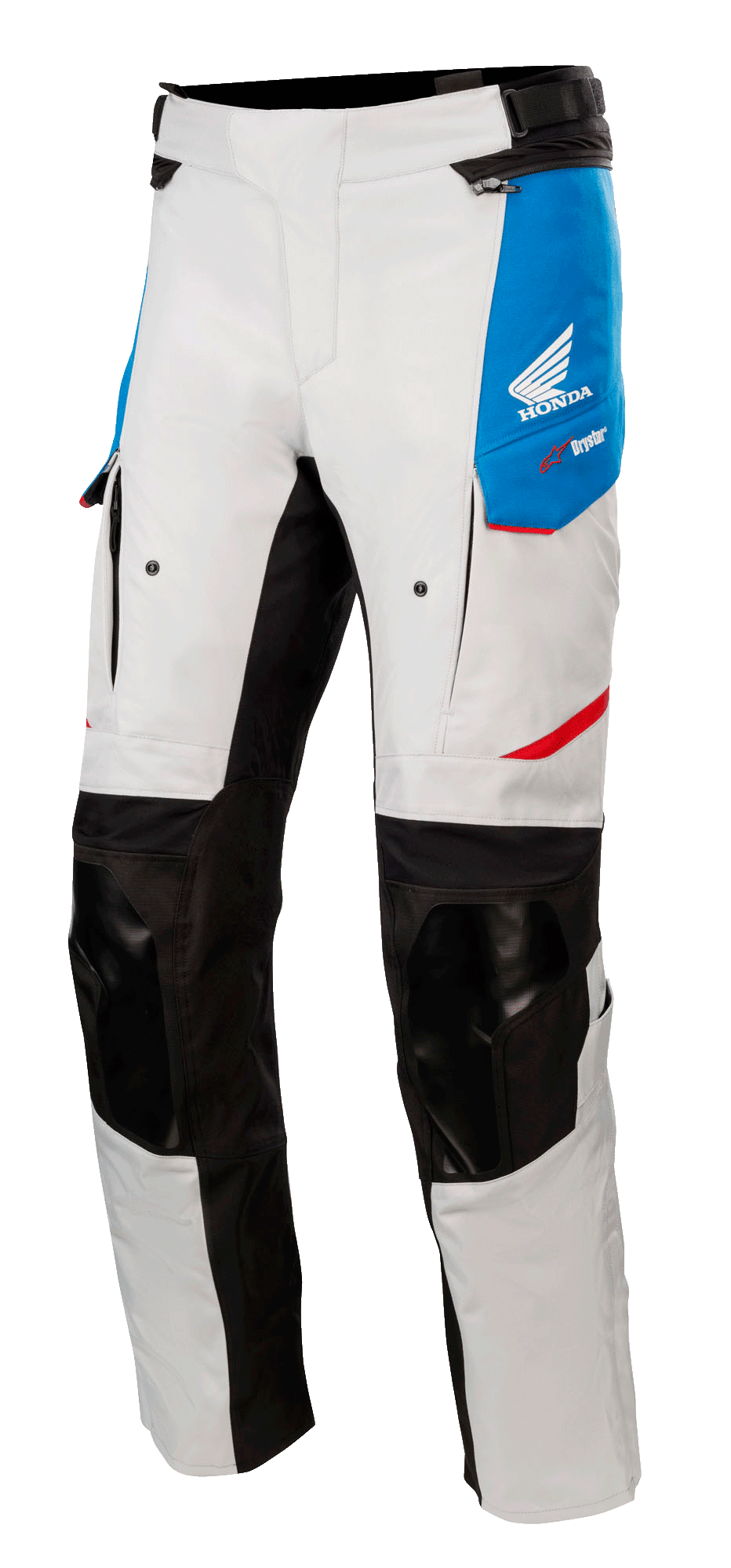 Alpinestars Honda Andes V3 Drystar® Pants, spodnie motocyklowe turystyczne, jasnoszare z niebieskimi panelami i jaskrawoczerwonymi akcentami, czarne wzmocnione kolana i panele wewnętrzne, otwory wentylacyjne na udach, logo Hondy, wodoodporna odzież adventure
