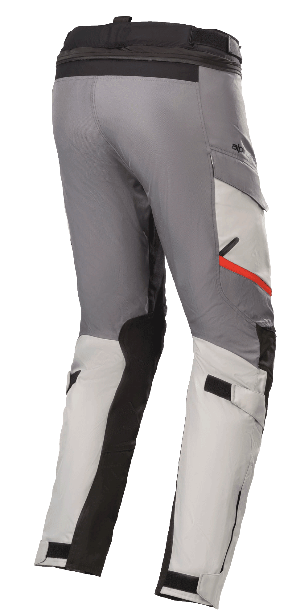 Alpinestars Andes V3 Drystar® Pants, motocyklowe spodnie turystyczne, jasnoszare i ciemnoszare, z czarnymi panelami wzmacniającymi i czerwonym akcentem na kieszeni, regulowane paski w talii i na łydkach, wytrzymała konstrukcja tekstylna do jazdy adventure