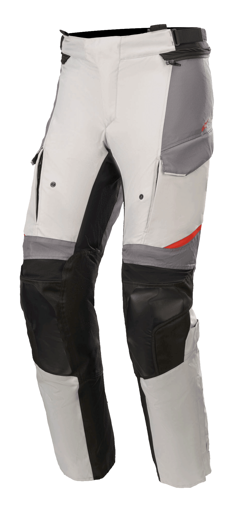 Spodnie Alpinestars Andes V3 Drystar®, motocyklowe spodnie turystyczne adventure, kolor jasnoszary i ciemnoszary z czarnymi akcentami, wzmocnione panele na kolanach, kieszenie typu cargo, regulowany pasek w talii, wytrzymały materiał tekstylny z czerwonymi detalami