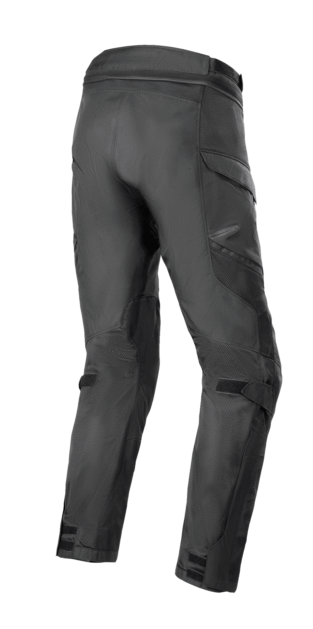 Alpinestars Andes Air Drystar® Pants, spodnie motocyklowe, czarne, widok z tyłu przedstawiający rozległe panele siatkowe dla przepływu powietrza, kieszenie cargo oraz regulowane paski na rzepy na łydkach i kostkach, trwała konstrukcja tekstylna do turystyki przygodowej