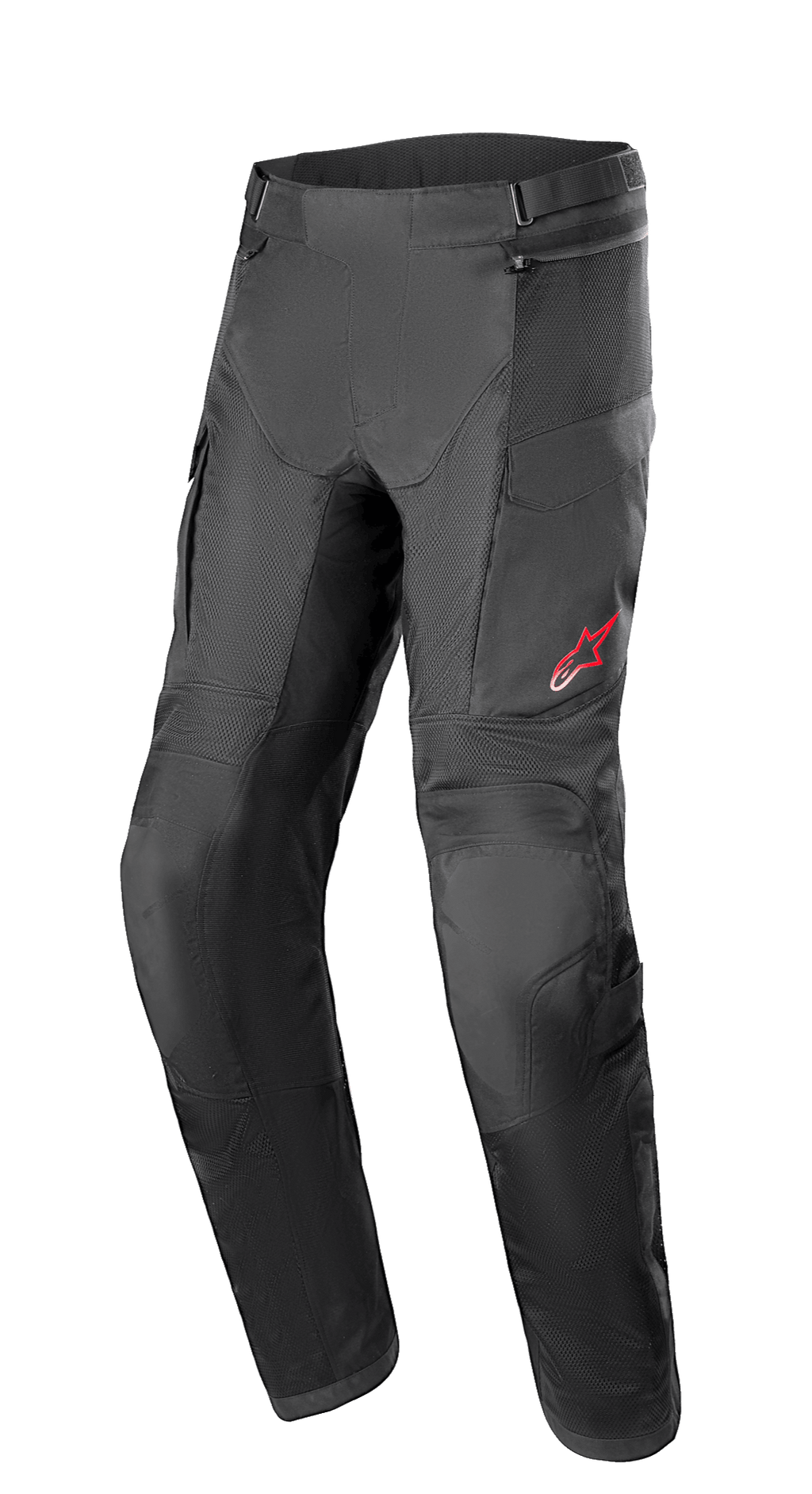 Alpinestars Andes Air Drystar® Pants, motocyklowe spodnie turystyczne, czarne, z obszernymi panelami z siatki dla wentylacji, czerwone logo gwiazdy na lewym udzie, regulowane paski w pasie i wzmocnione sekcje kolan, zaprojektowane dla komfortu turystycznego
