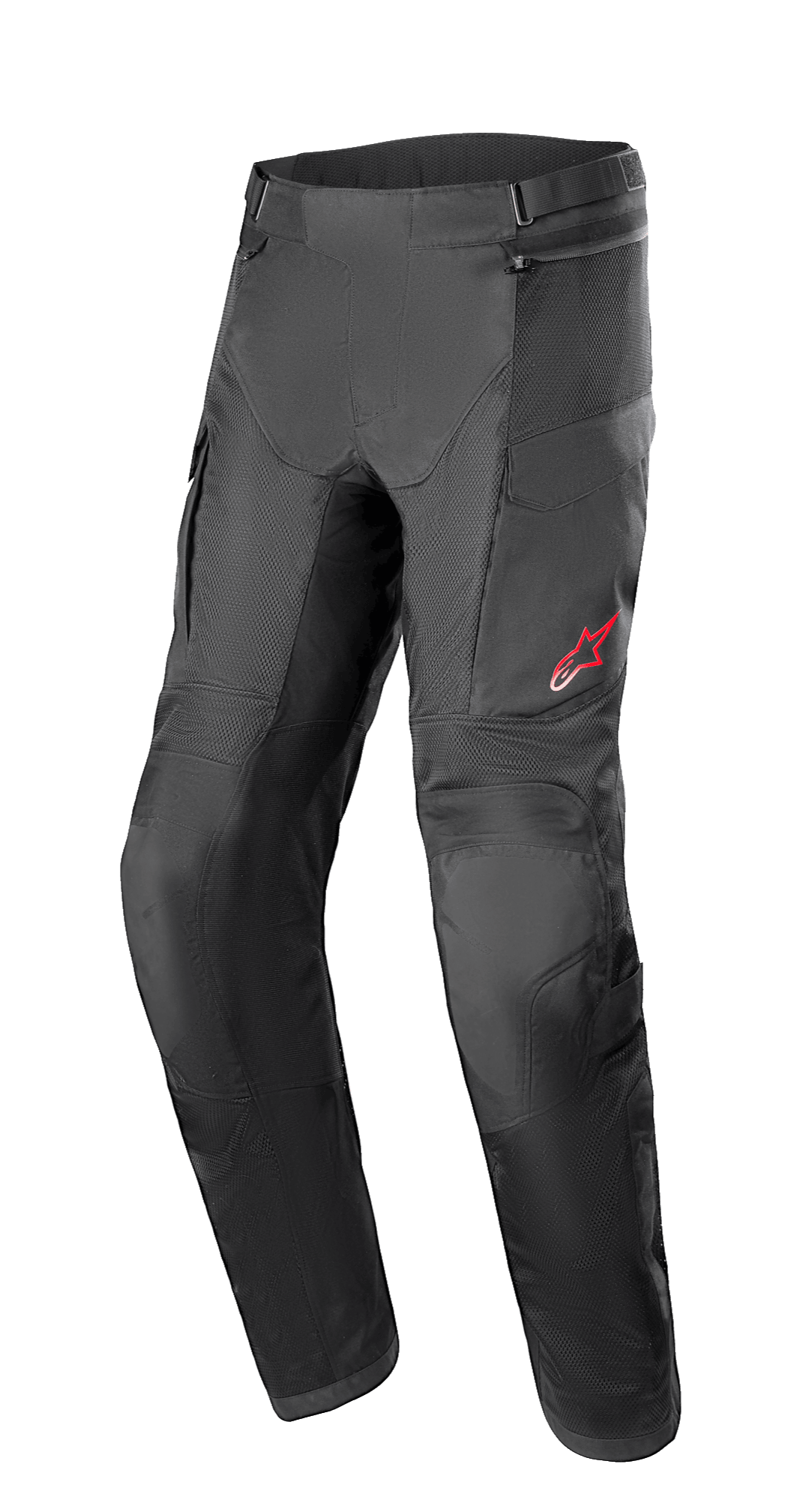 Alpinestars Andes Air Drystar® Pants, motocyklowe spodnie turystyczne, czarne, z obszernymi panelami z siatki dla wentylacji, czerwone logo gwiazdy na lewym udzie, regulowane paski w pasie i wzmocnione sekcje kolan, zaprojektowane dla komfortu turystycznego