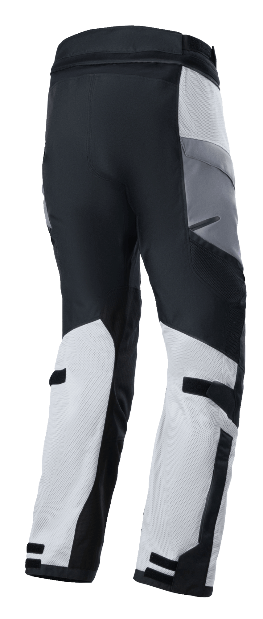 Spodnie Alpinestars Andes Air Drystar®, turystyczne spodnie motocyklowe adventure, kolor Ice Gray Dark Gray Black, widok z tyłu z oddychającymi panelami z siatki zapewniającymi przepływ powietrza i regulowanymi paskami na łydkach, techniczna konstrukcja tekstylna do jazdy w dwóch porach roku.