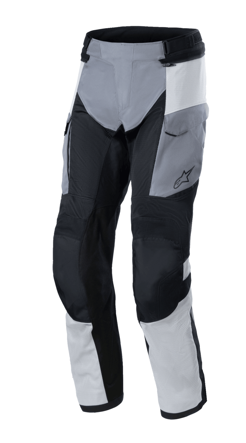 Alpinestars Andes Air Drystar® Pants, spodnie turystyczne adventure, jasnoszare, ciemnoszare i czarne, z obszernymi panelami z siatki dla przepływu powietrza, kieszenie cargo i wzmocnienia na kolanach, trwała konstrukcja tekstylna na dwie pory roku