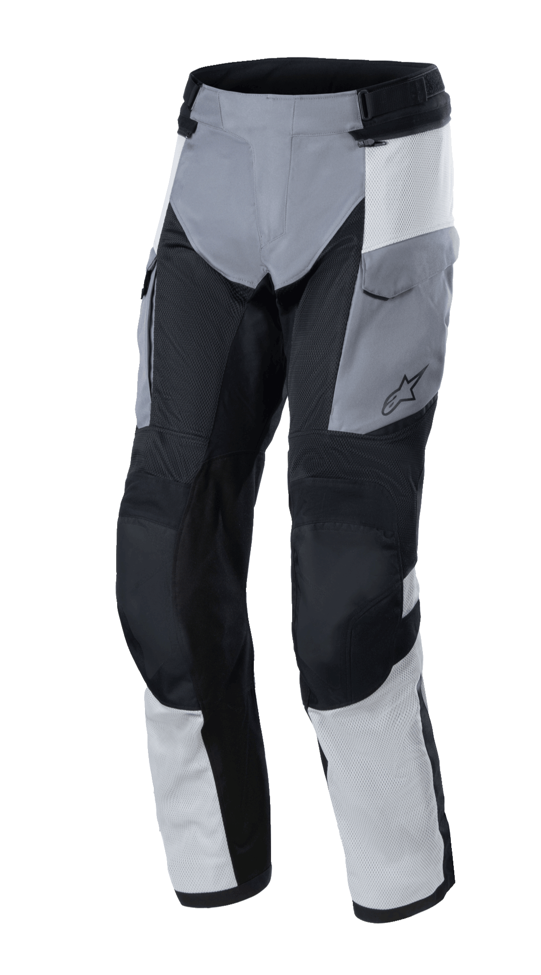 Alpinestars Andes Air Drystar® Pants, spodnie turystyczne adventure, jasnoszare, ciemnoszare i czarne, z obszernymi panelami z siatki dla przepływu powietrza, kieszenie cargo i wzmocnienia na kolanach, trwała konstrukcja tekstylna na dwie pory roku