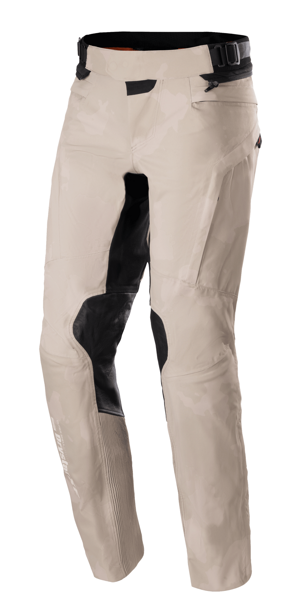 Alpinestars AMT-10LAB Drystar® XF Pants, Adventure Motorcycle Pants, Aluminum Camo, light gray camouflage pattern with black reinforced panels on the knees and inner thighs, technical textile construction featuring an adjustable waist and Drystar branding on the lower leg
