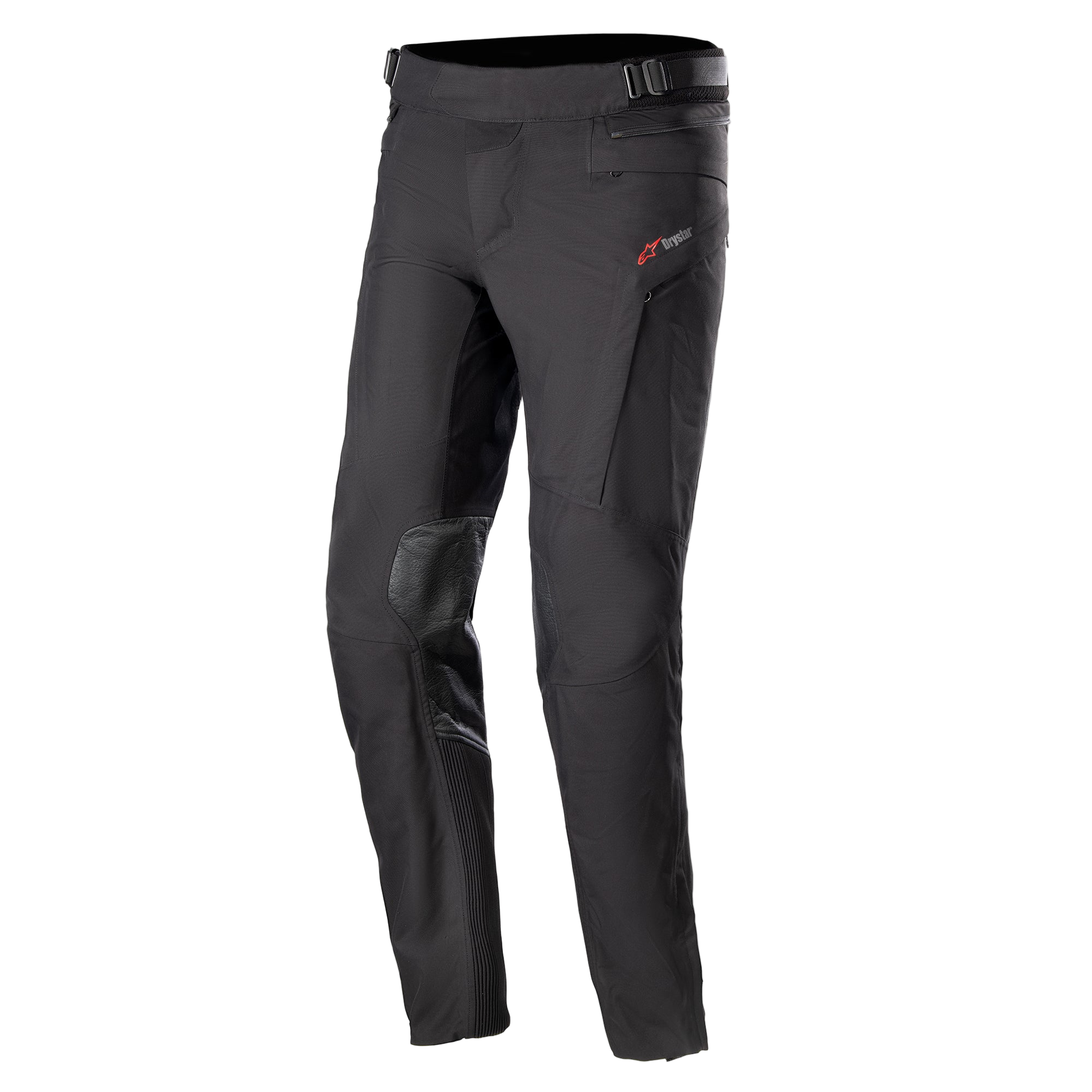 Alpinestars AMT-10 Drystar® XF Pants, motocyklowe spodnie turystyczne, czarne, z czerwonym logo na biodrze, wzmocnionymi panelami na kolanach, elastycznymi panelami typu akordeon na dole nogawek, regulowanym pasem i kieszeniami na zamek, techniczny design tekstylny do jazdy adventure