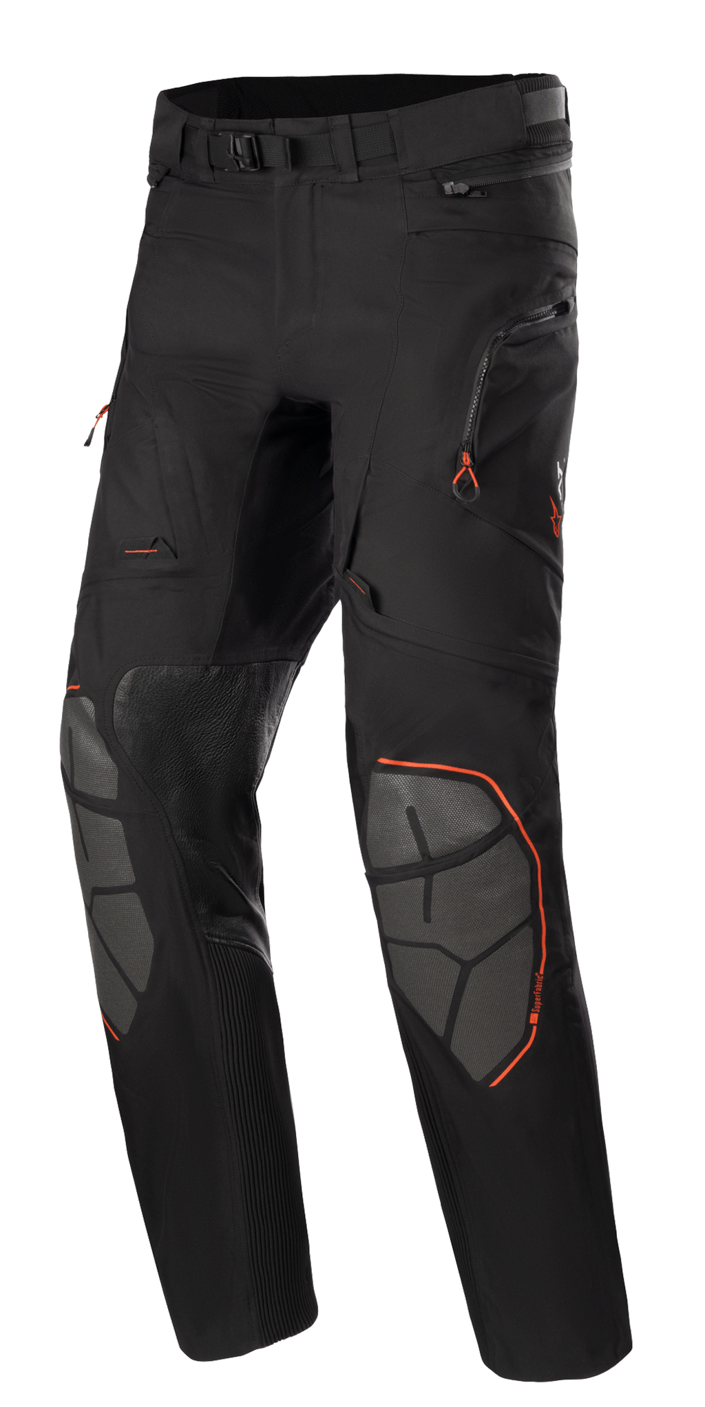 Alpinestars AMT-10R Drystar XF, spodnie motocyklowe adventure touring, czarne z pomarańczowymi akcentami, szare wzmocnienia kolan Superfabric, regulowany pas, kieszenie na zamki błyskawiczne, wodoodporna laminowana konstrukcja
