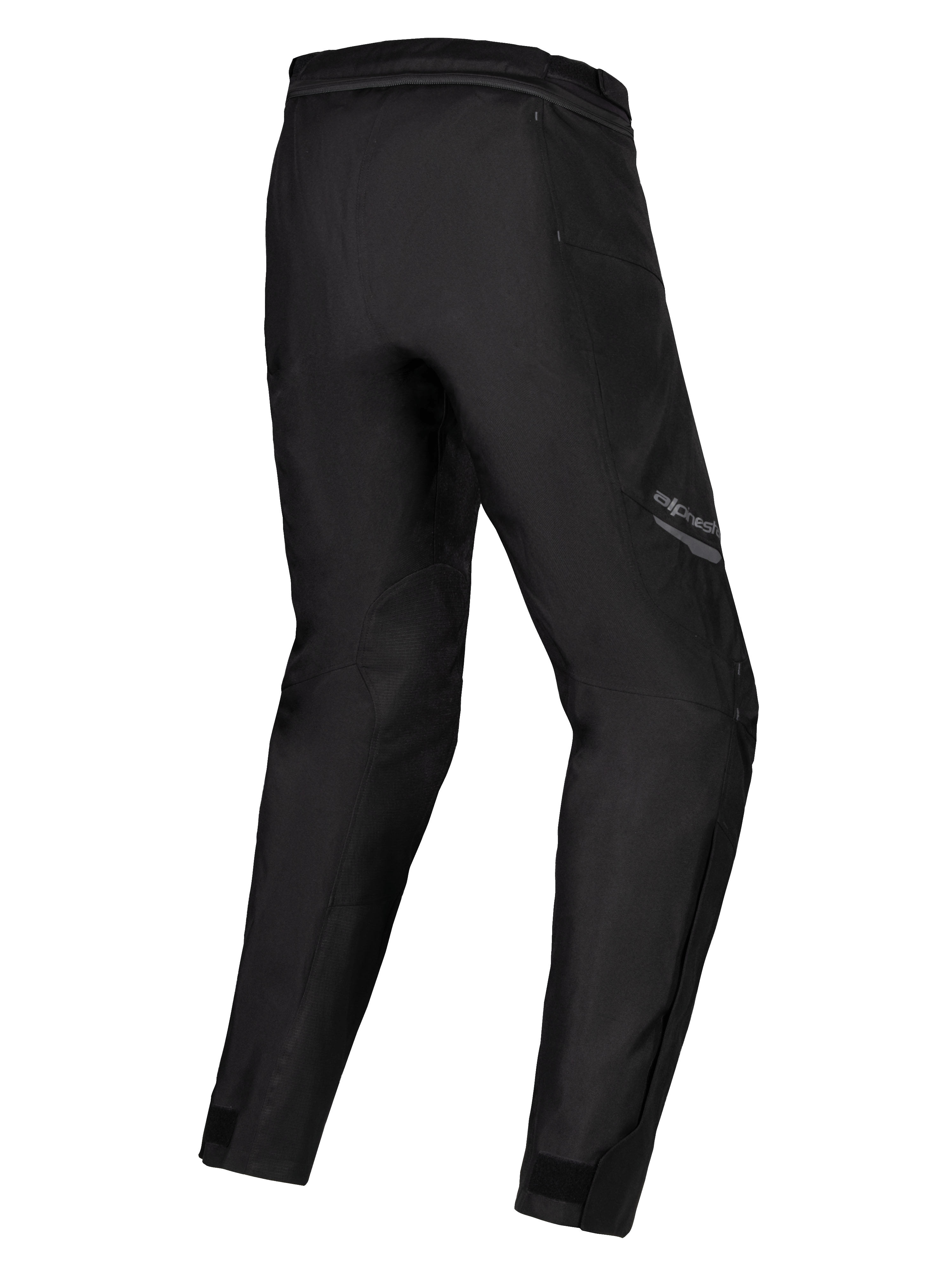 Alpinestars Stella ST-1 Waterproof Pants, damskie spodnie motocyklowe, czarne, widok z tyłu pod kątem przedstawiający wyprofilowane nogawki, tekstylna konstrukcja z zamkiem do łączenia w pasie i regulacją w kostkach, odzież adventure touring