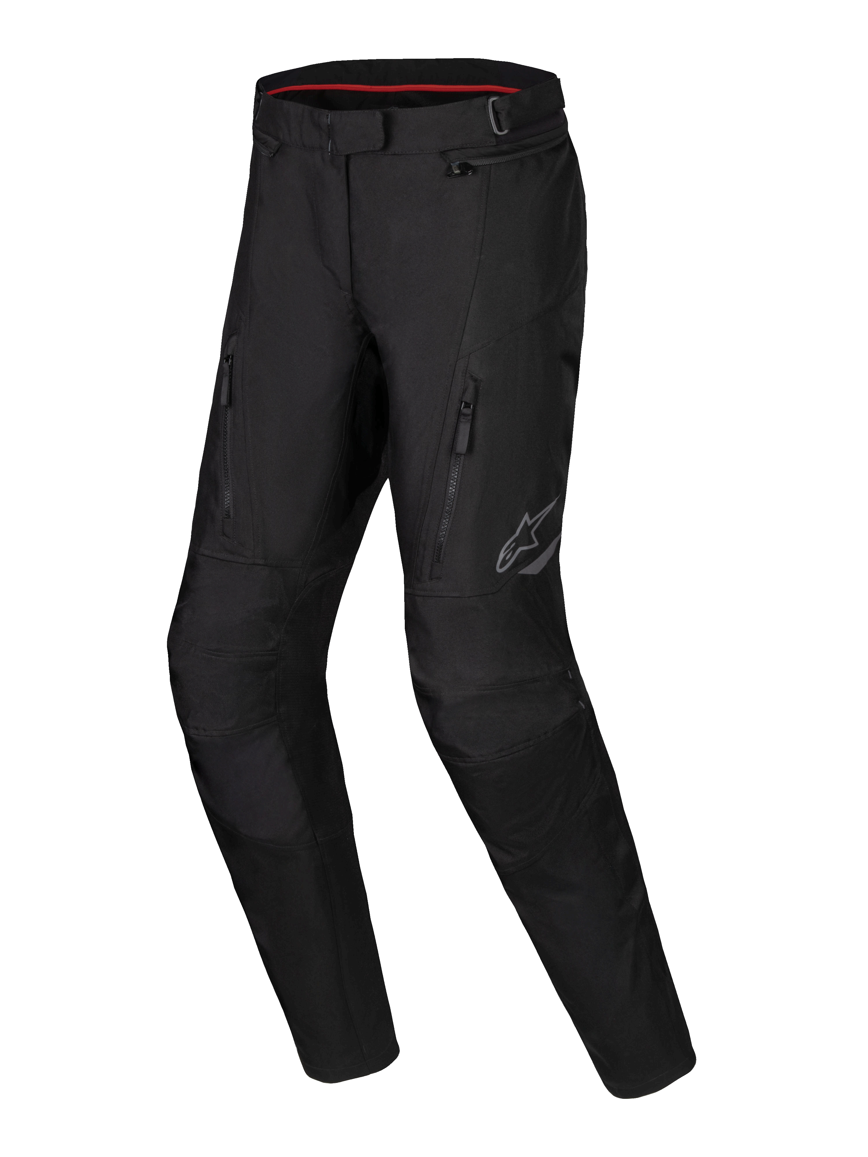 Alpinestars Stella ST-1 Waterproof Pants, damskie spodnie motocyklowe adventure touring, czarne, przednie kieszenie na zamek, wzmocnione panele na kolanach, odblaskowe logo Alpinestars na udzie, wodoodporna konstrukcja tekstylna z profilowanymi nogawkami