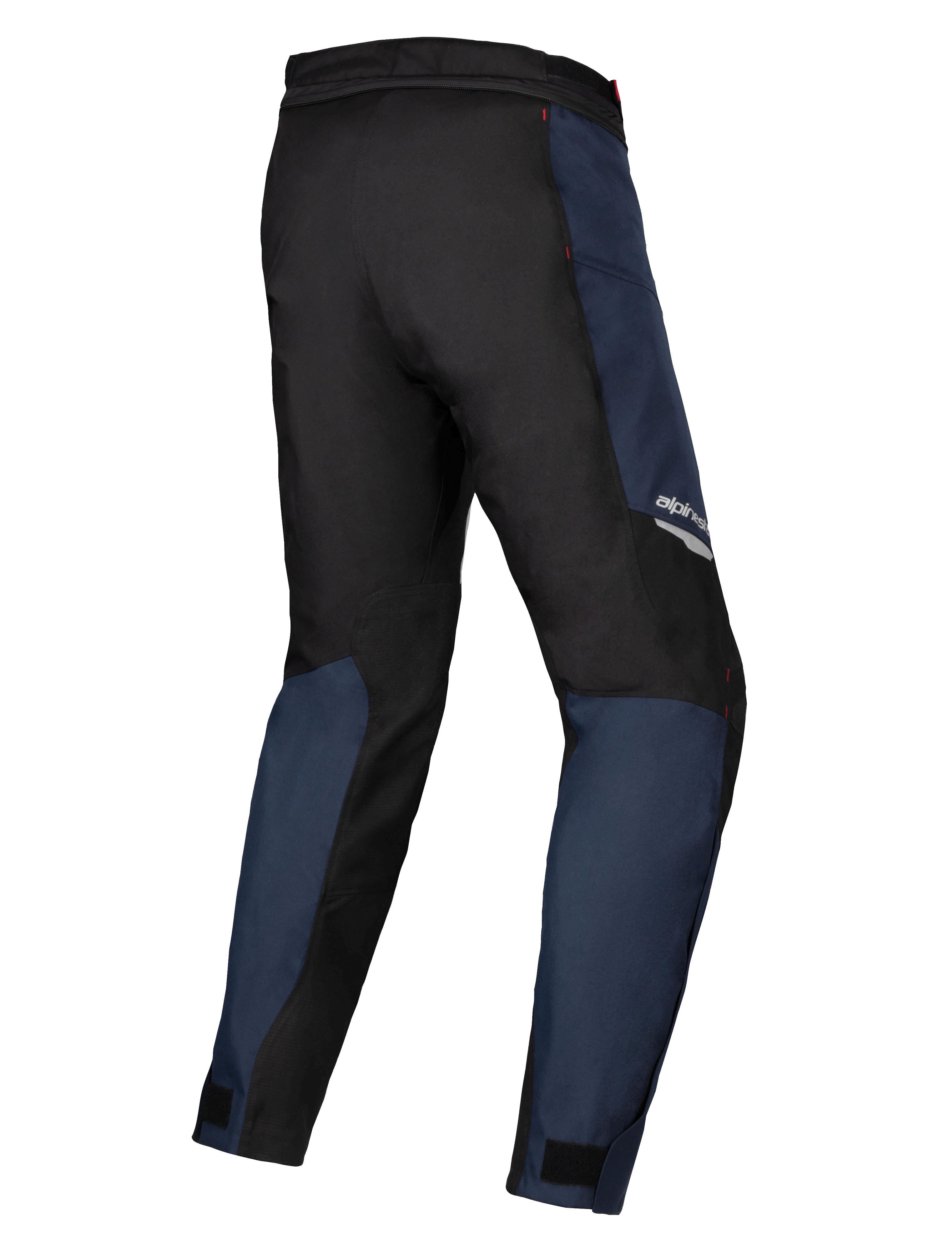Alpinestars Stella ST-1 Waterproof Pants, Dark Blue and Black textile with Bright Red accents, rear three-quarter view highlighting the durable construction and ergonomic fit for women's adventure touring.
