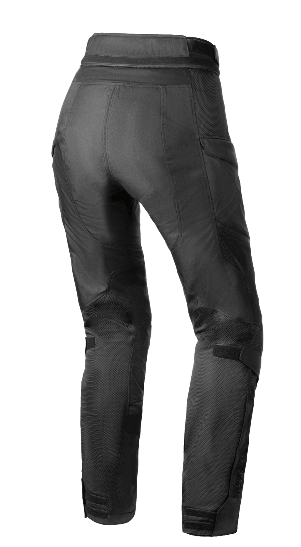 Spodnie Alpinestars Stella Andes Air Drystar®, damskie spodnie motocyklowe, czarne, widok z tyłu ukazujący wentylację siatkową na łydkach i udach, przedłużony tył oraz zamek łączący w pasie