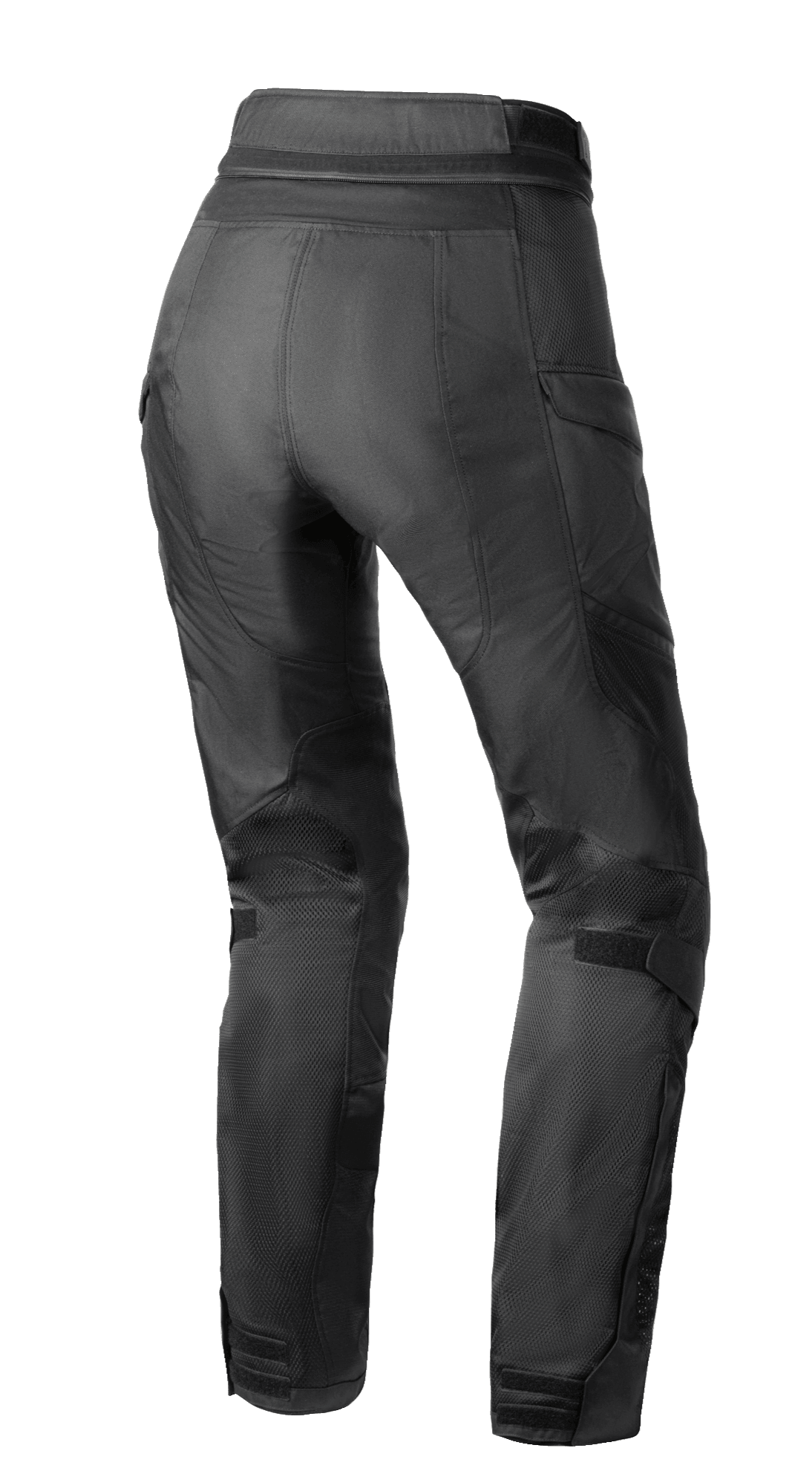 Spodnie Alpinestars Stella Andes Air Drystar®, damskie spodnie motocyklowe, czarne, widok z tyłu ukazujący wentylację siatkową na łydkach i udach, przedłużony tył oraz zamek łączący w pasie