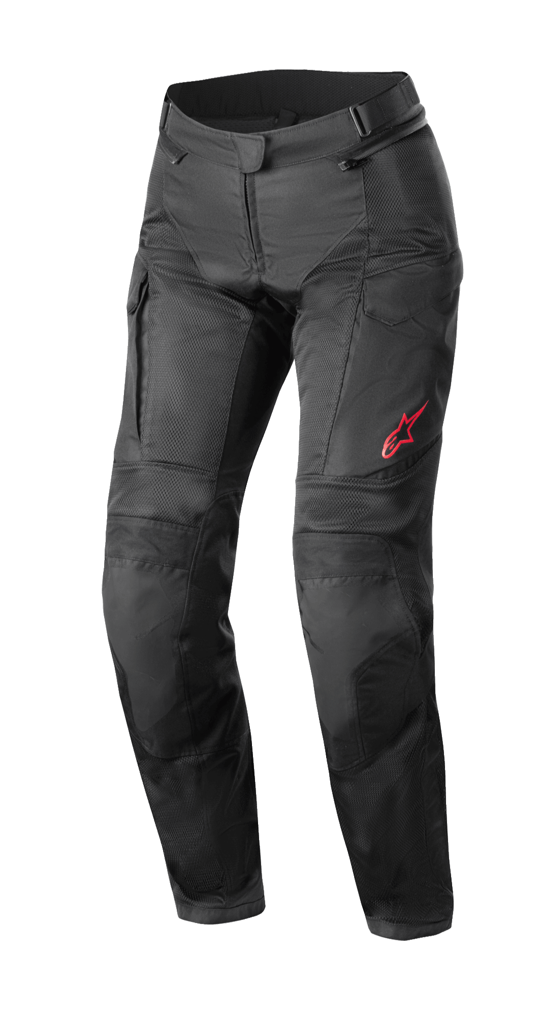 Alpinestars Stella Andes Air Drystar® Pants, damskie motocyklowe spodnie turystyczne, czarne, z dużymi panelami z siatki zapewniającymi wentylację, kieszeniami cargo i czerwonym logo Alpinestars na lewym udzie, techniczna konstrukcja tekstylna do jazdy w różnych sezonach