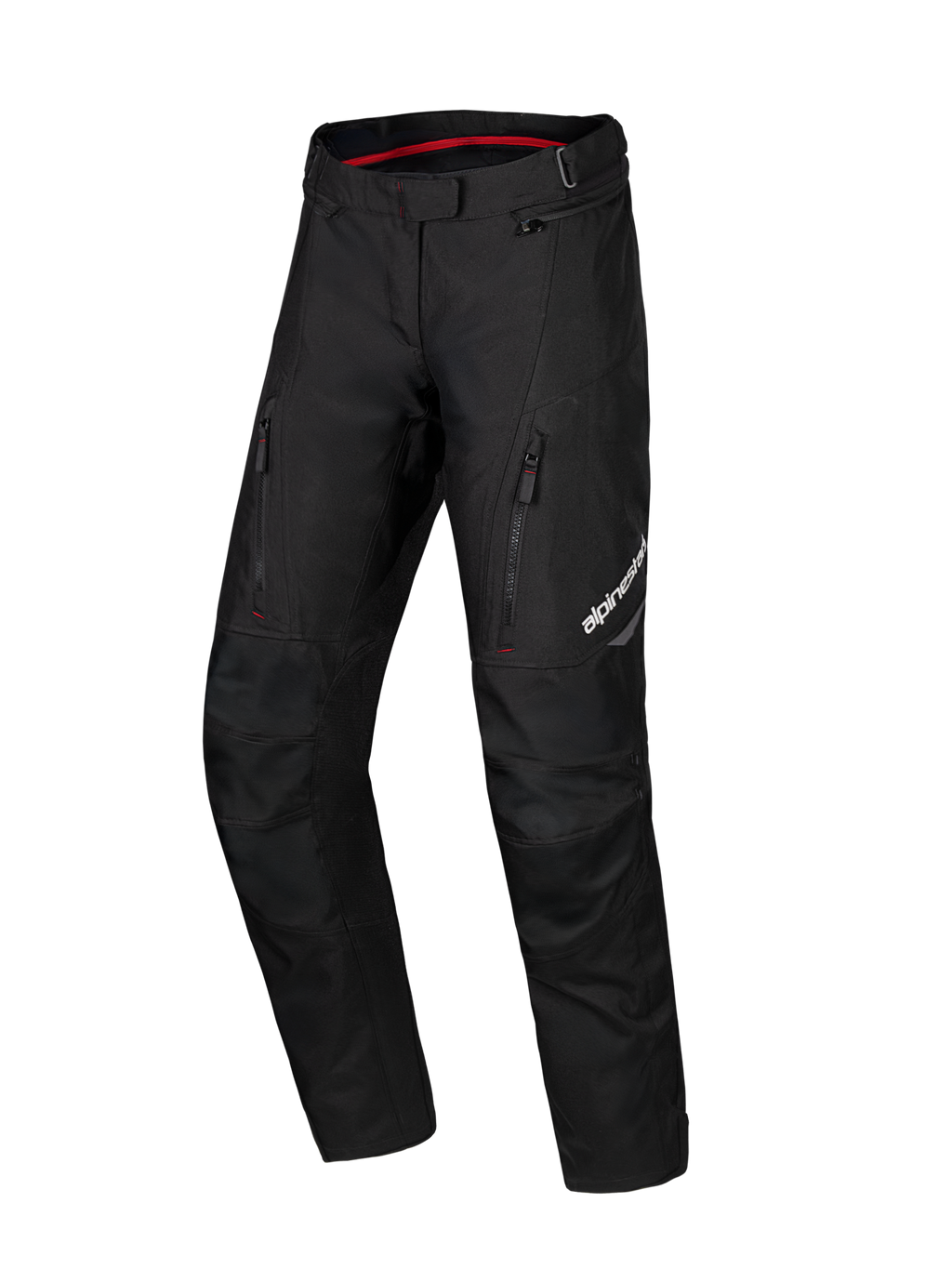 Alpinestars Honda Stella ST-1 Waterproof Pants, czarne damskie spodnie motocyklowe turystyczne, czerwona podszewka pasa, dwie pionowe kieszenie na udach zapinane na zamek, logo Alpinestars na nogawce, wytrzymała odzież tekstylna adventure