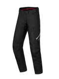 Alpinestars Honda Stella ST-1 Waterproof Pants, czarne damskie spodnie motocyklowe turystyczne, czerwona podszewka pasa, dwie pionowe kieszenie na udach zapinane na zamek, logo Alpinestars na nogawce, wytrzymała odzież tekstylna adventure